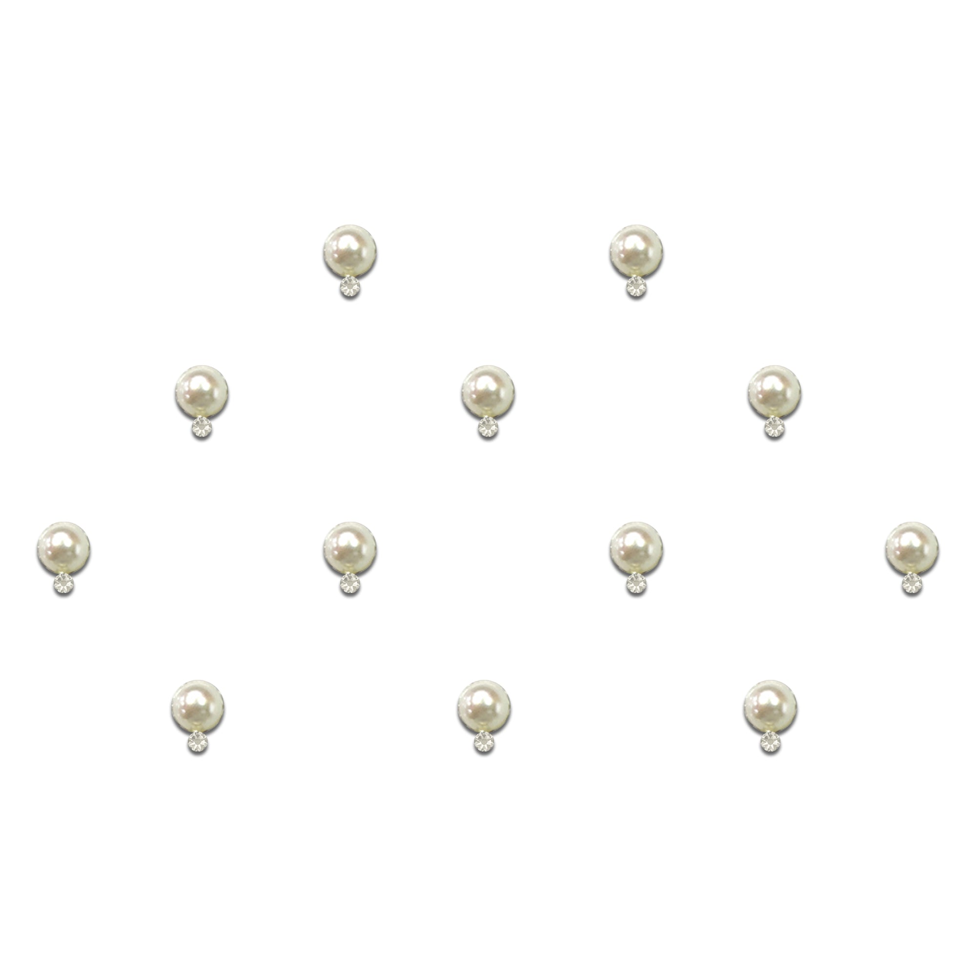Comet Busters elegant pearl designer bindis featuring glossy white pearl center stones with tiny crystal drop accents for traditional, bridal, and festive ethnic wear.