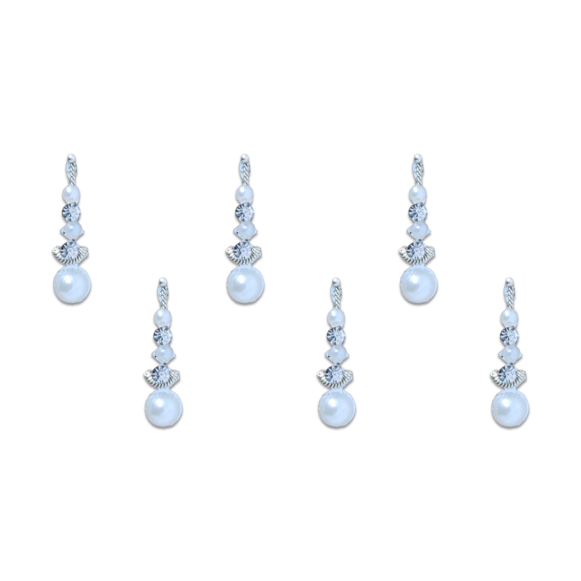 Comet Busters Pearl Drop Designer Bindi featuring an elegant vertical design with glossy white pearls, sparkling crystal stones, silver detailing, and a graceful pearl drop finish. Self-adhesive premium bindis for women and girls, ideal for bridal wear, weddings, receptions, festivals, engagements, parties, classical dance performances, and traditional or Indo-western outfits.
