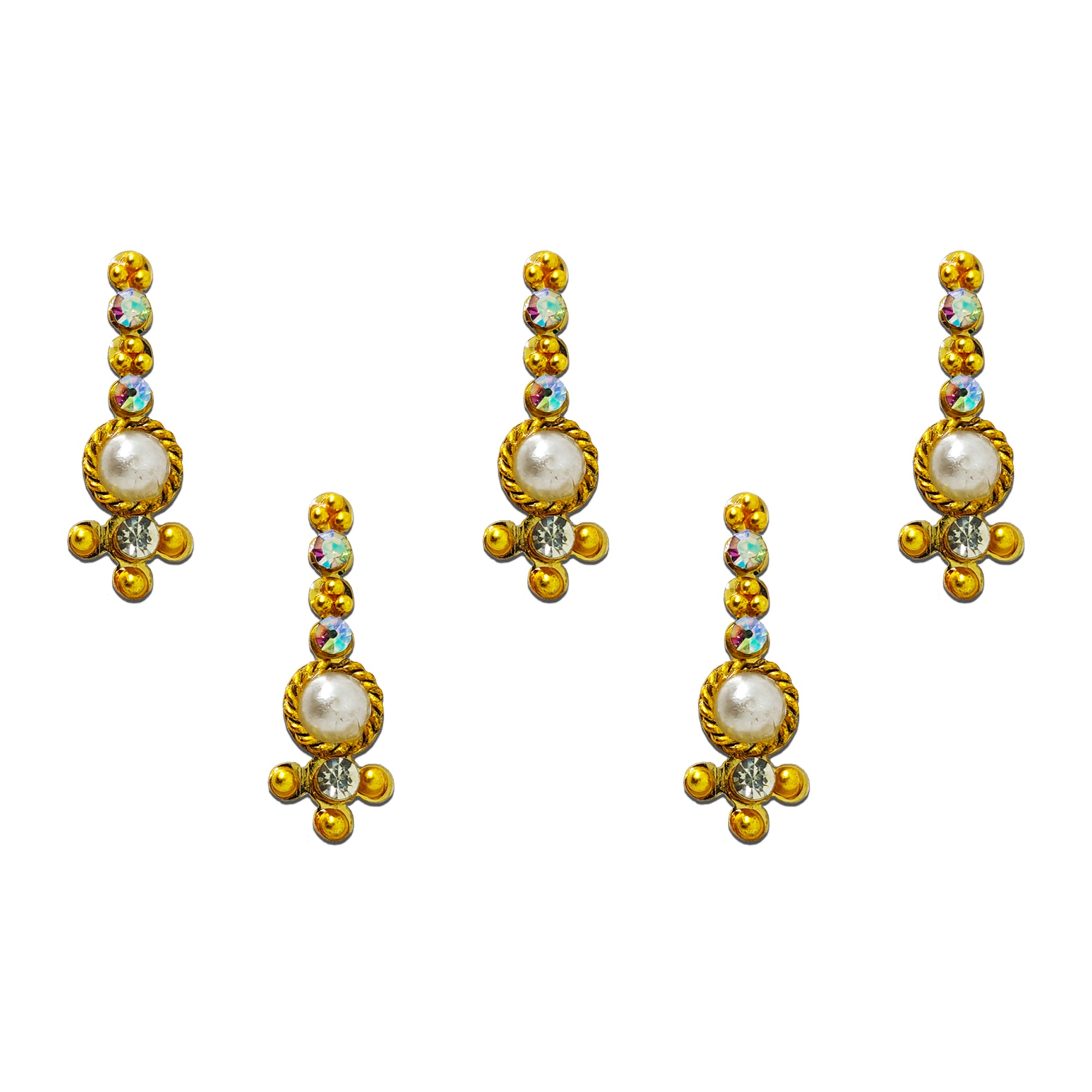 Comet Busters pearl drop bindis featuring elegant white pearl centers with sparkling crystal stones and gold bead detailing in a vertical designer pattern for festive, bridal, and ethnic wear.
