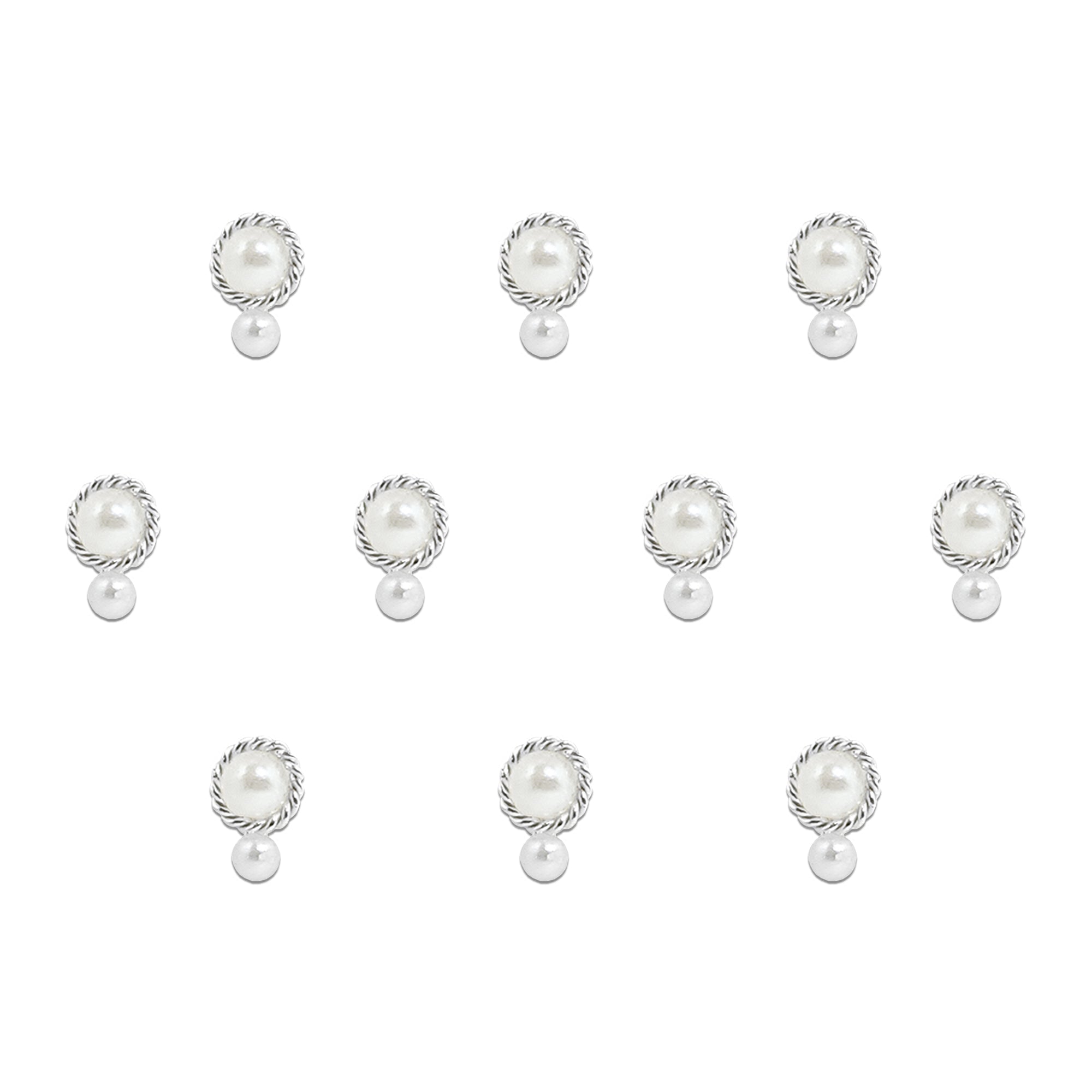 Comet Busters pearl drop designer bindis featuring a glossy white pearl center with silver twisted border detailing and a hanging pearl drop accent for elegant traditional styling.