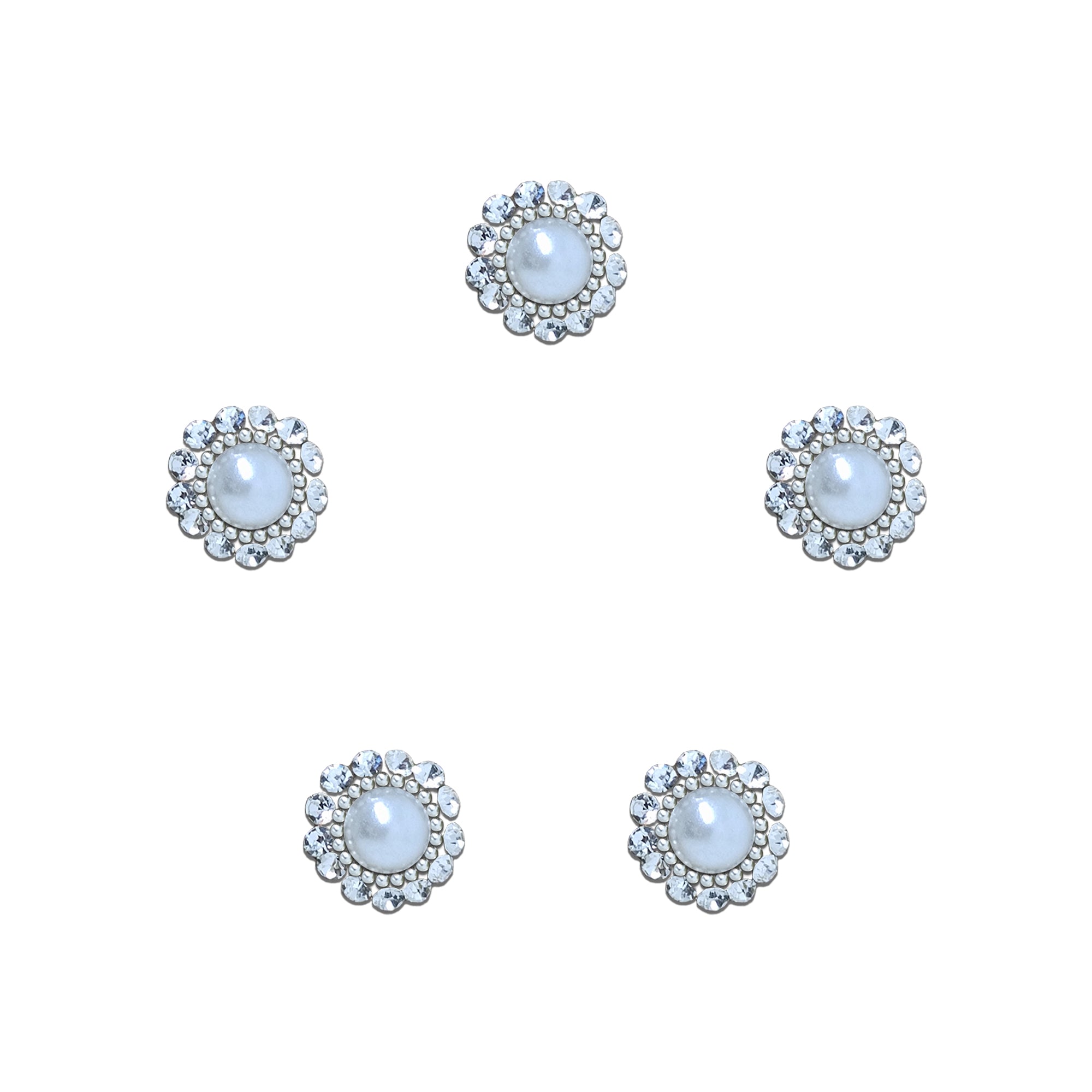 Comet Busters pearl floral designer bindi featuring a lustrous white pearl center surrounded by a sparkling crystal halo and delicate pearl bead detailing. Premium self-adhesive bindi set for women and girls, perfect for bridal wear, weddings, festivals, parties, cultural events, ethnic wear, and elegant everyday styling.