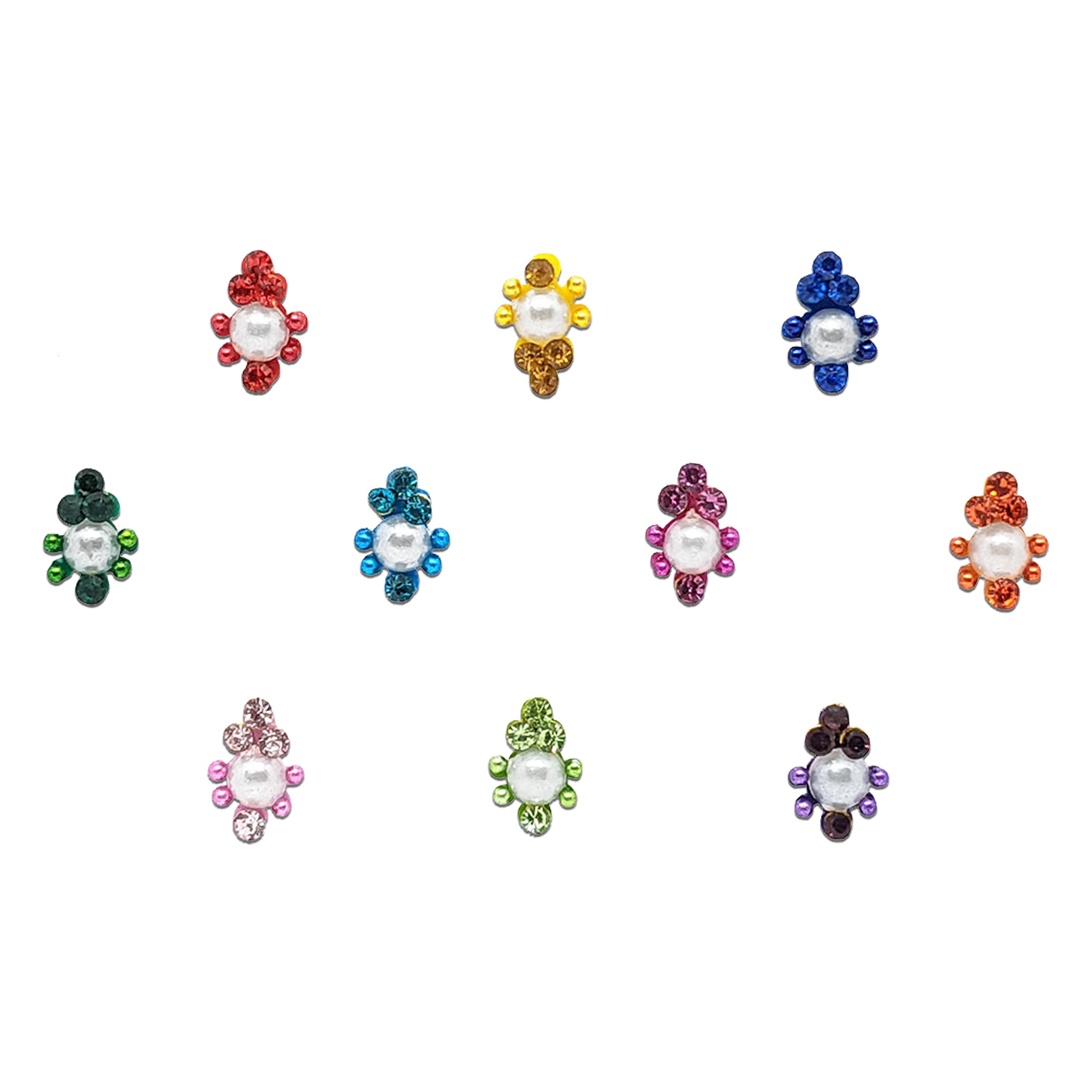 Comet Busters multicolor floral designer bindis featuring pearl center stones with glitter petal detailing in red, blue, green, pink, orange, yellow, and purple shades for festive ethnic wear.