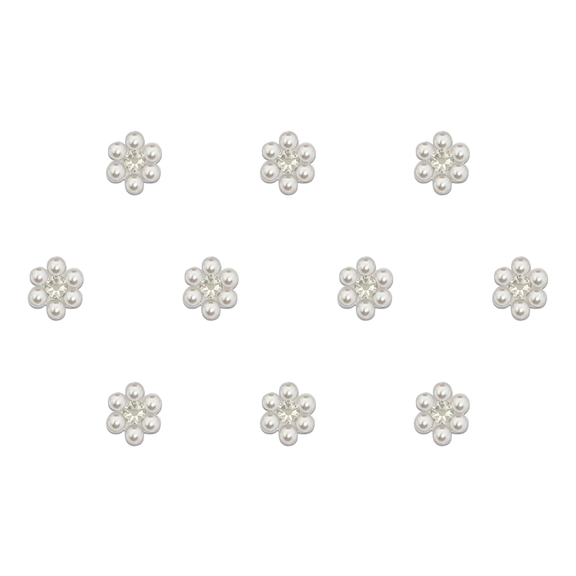 Comet Busters white floral pearl bindis featuring sparkling crystal stone centers with elegant pearl petal detailing, perfect for bridal, festive, traditional, and ethnic wear for women and girls.