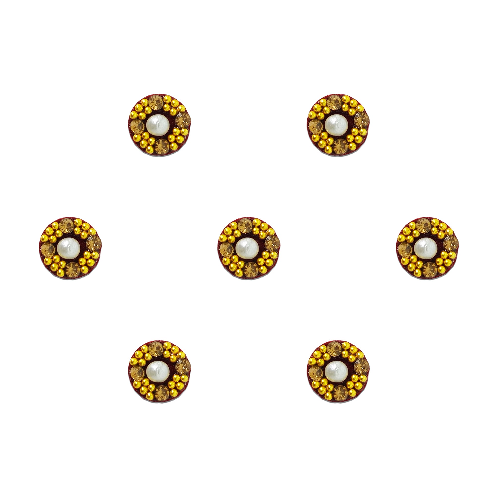 Comet Busters pearl halo designer bindis featuring round maroon bindis with a central pearl stone surrounded by golden rhinestones in a circular floral pattern, elegant self-adhesive festive bindi set for women and girls with premium kraft packaging.