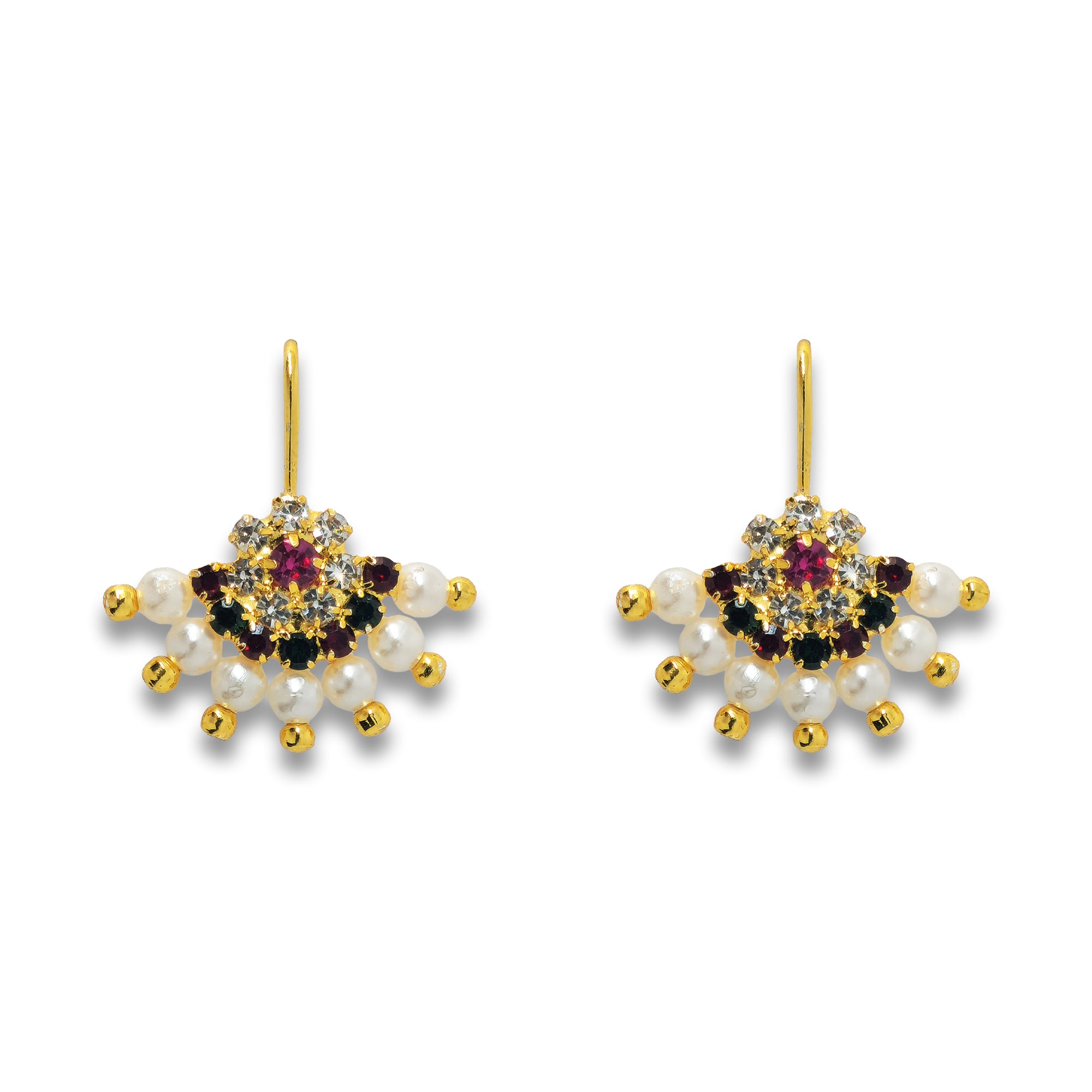 Comet Busters pearl and maroon floral earcuff with clear crystal stones, golden detailing, and white pearl bead accents on a white background 