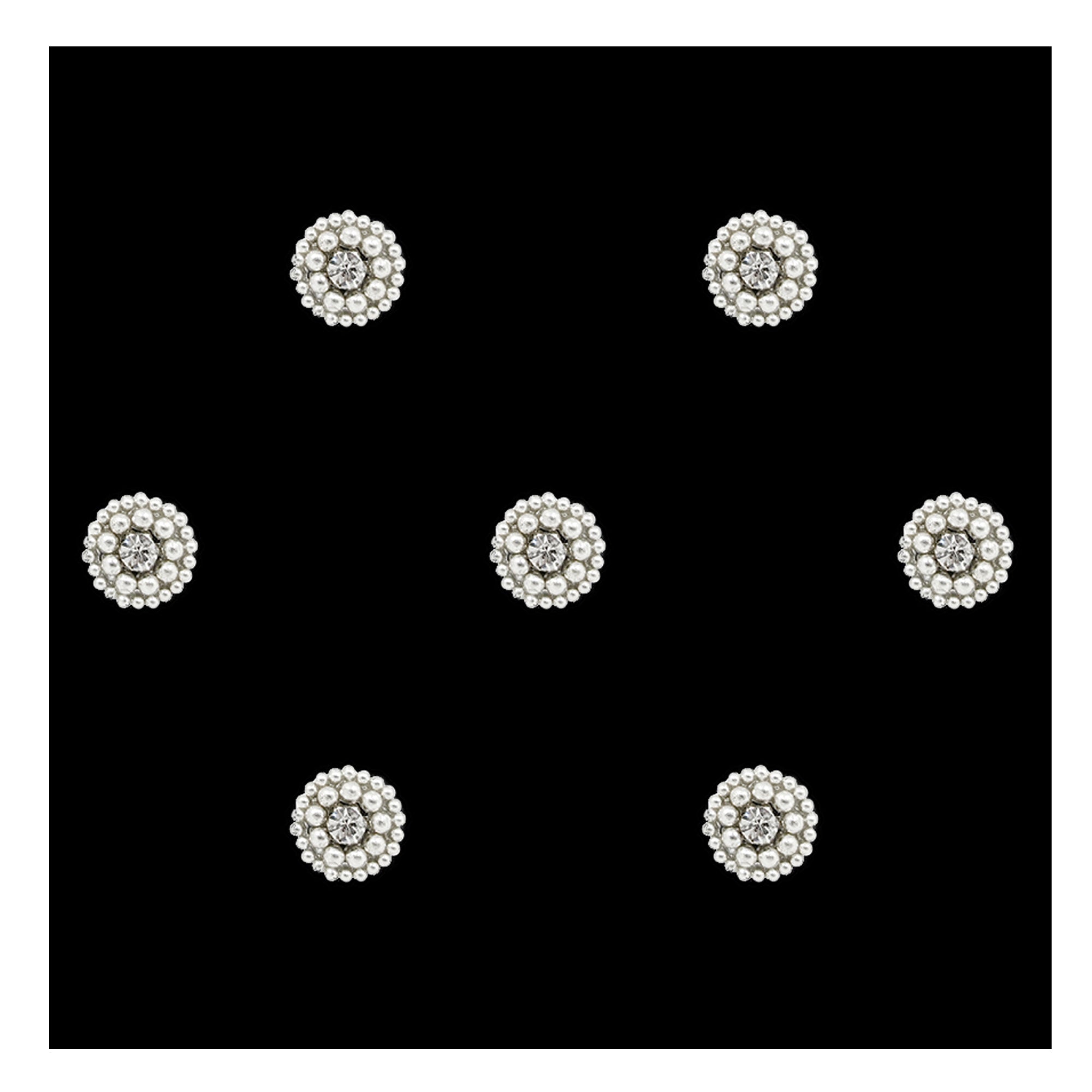 Comet Busters premium silver round bindis featuring a central metallic stone surrounded by sparkling crystal detailing and an elegant pearl halo border for festive and traditional wear styling.