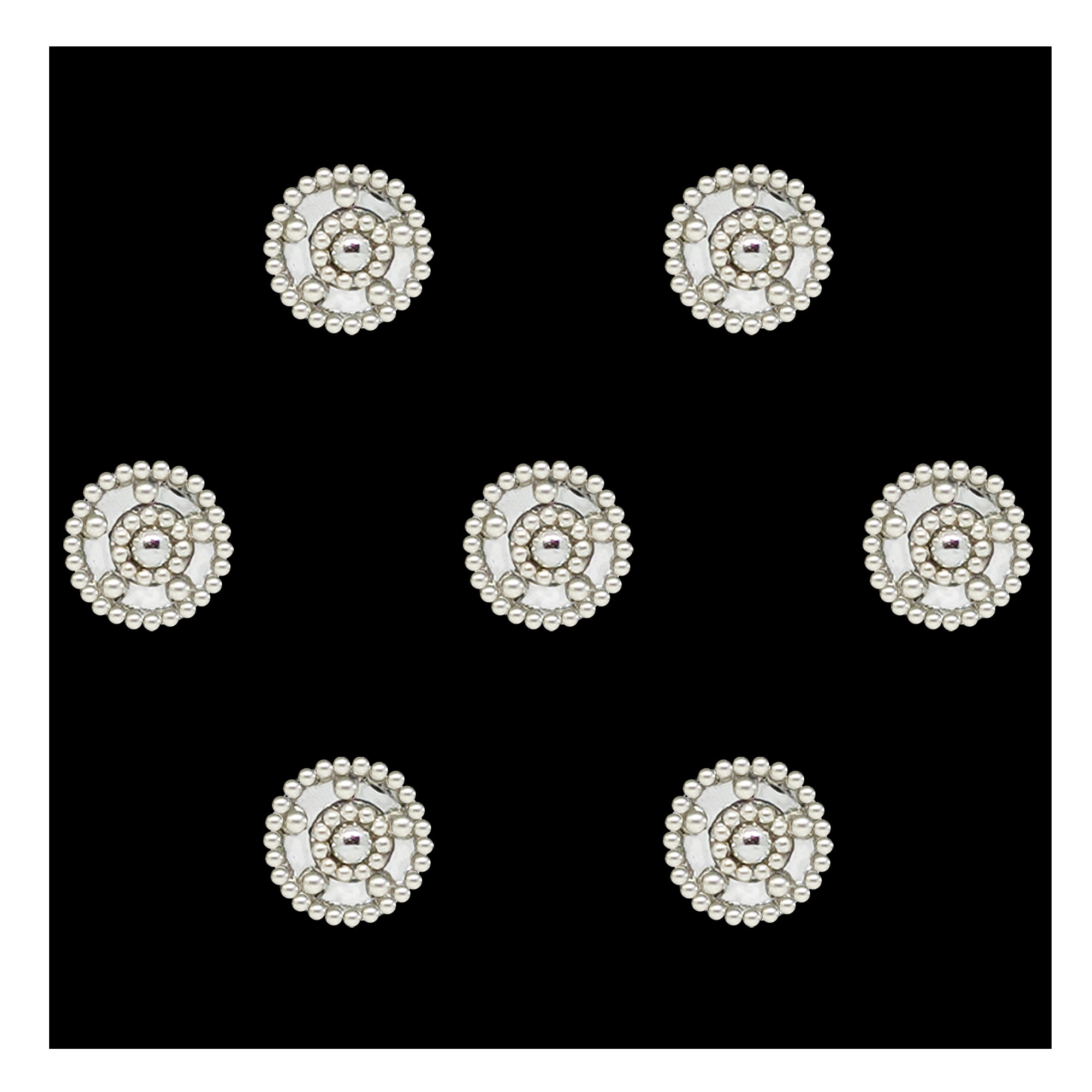 Comet Busters premium pearl round bindis featuring layered pearl bead detailing in a spiral circular pattern with a central stone accent for elegant festive and traditional wear styling.