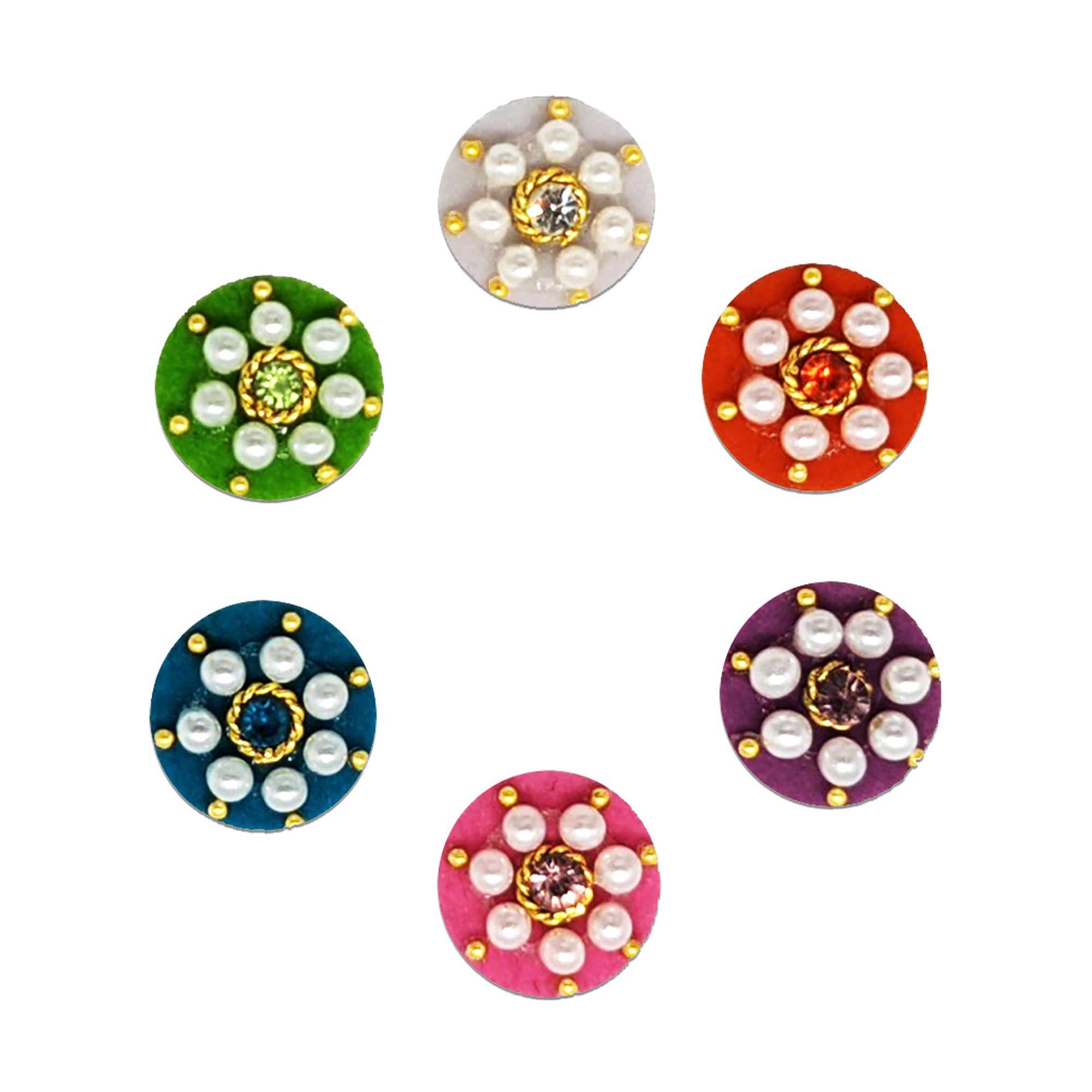 Comet Busters premium pearl floral designer bindi with crystal stone center and colorful velvet base for festive and ethnic styling.