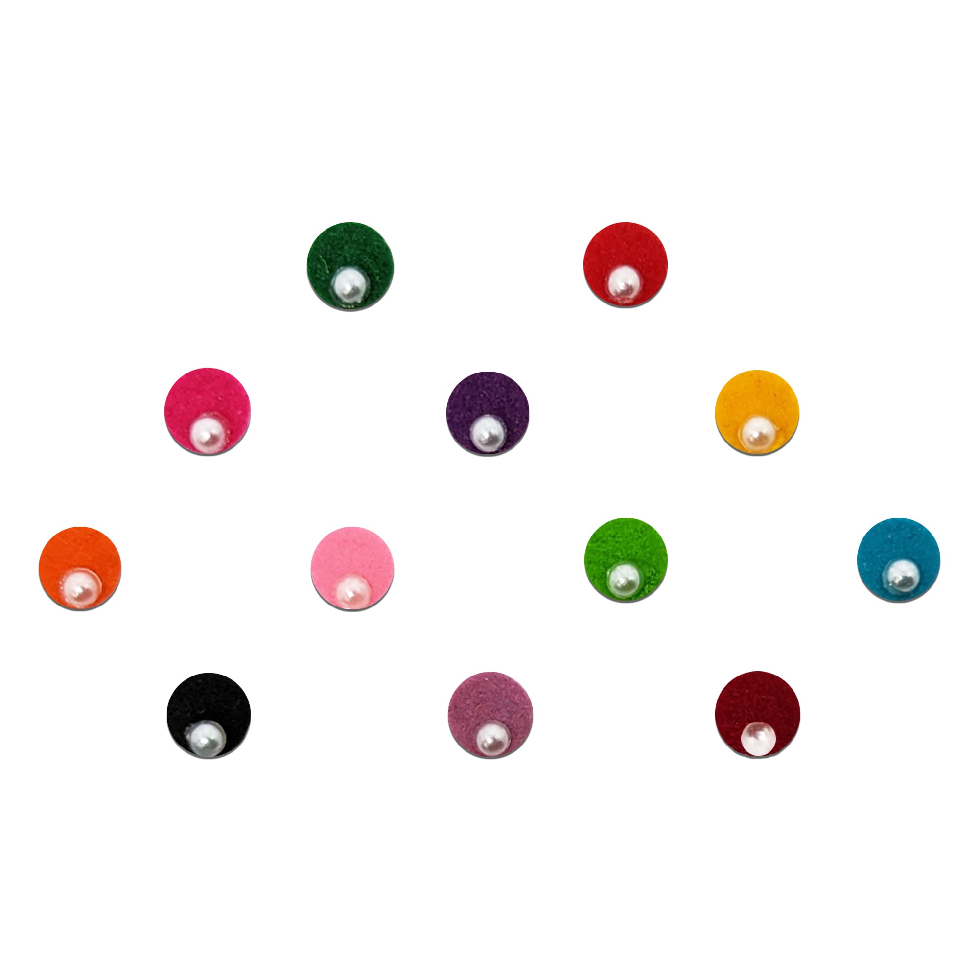 Comet Busters multicolor round velvet bindis featuring pearl center detailing in red, pink, green, blue, yellow, purple, orange, and black shades for traditional daily and festive ethnic wear.