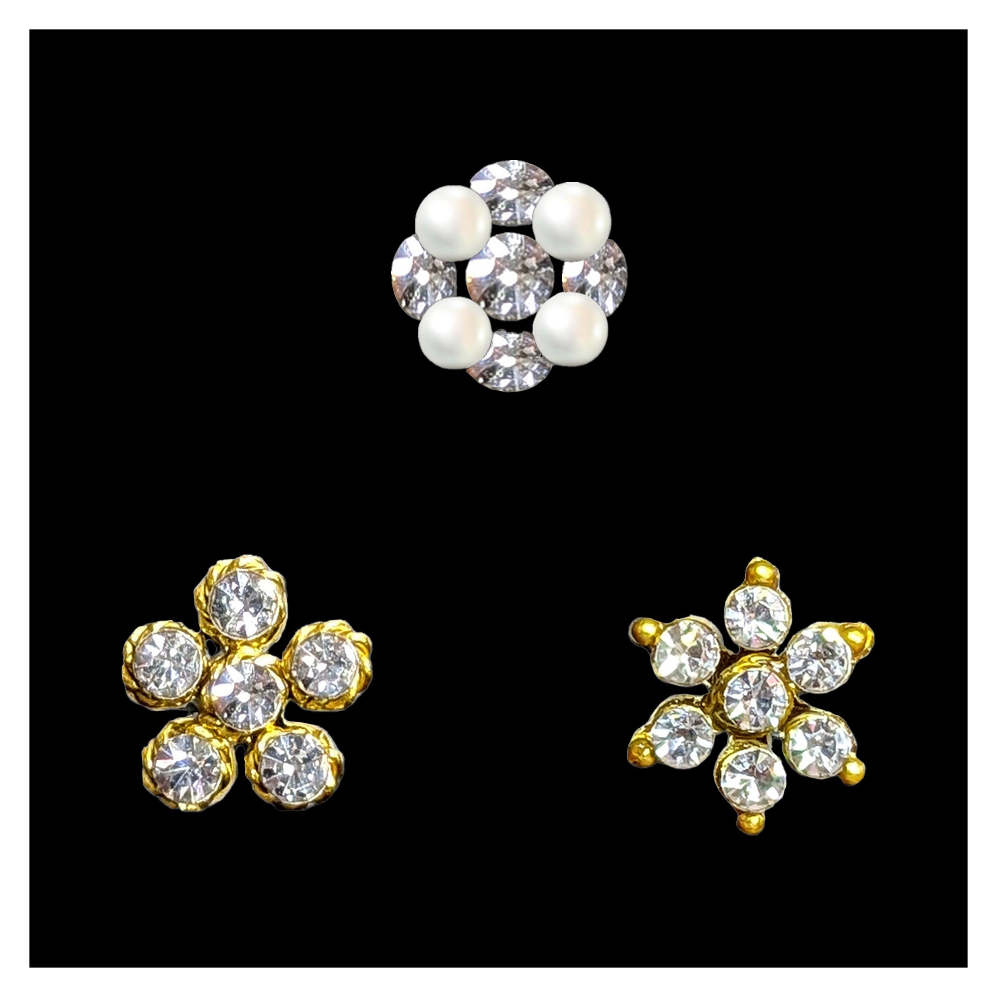 Comet Busters floral nose stud featuring white pearls and sparkling clear crystals arranged in a delicate flower design for women and girls