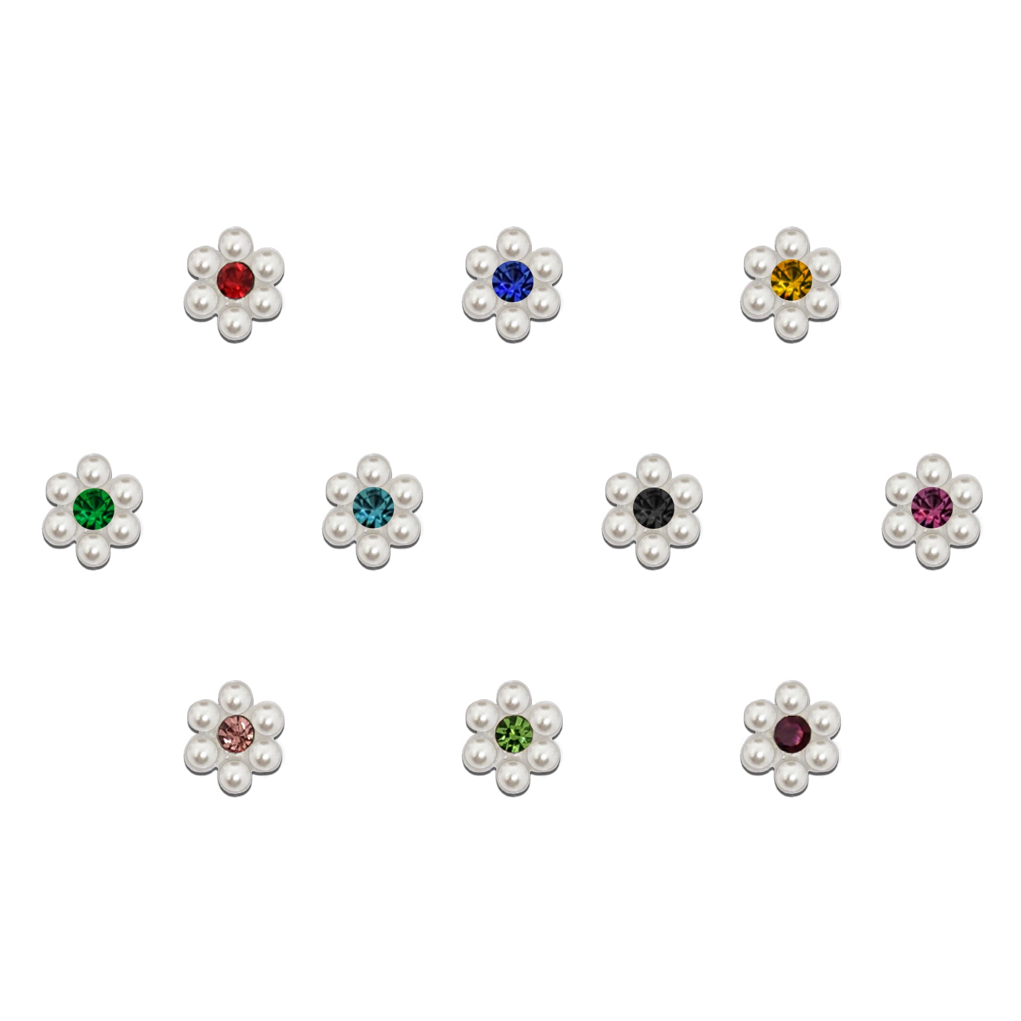 Comet Busters floral pearl bindis featuring multicolor crystal stone centers with elegant white pearl petals, perfect for festive, ethnic, and traditional looks for women and girls.