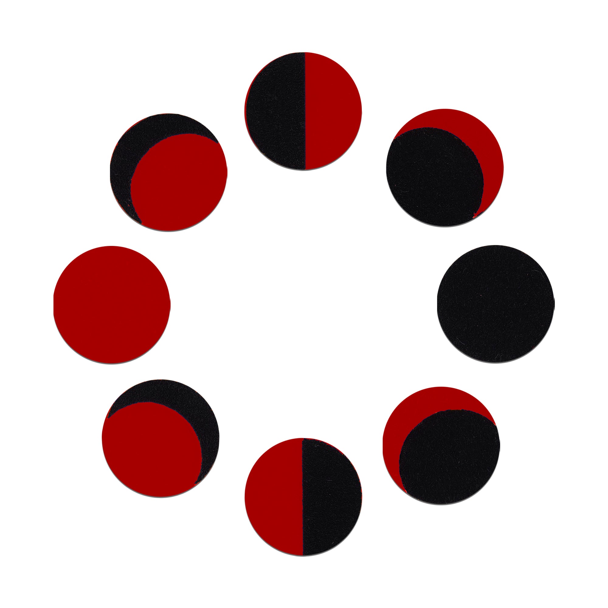 Comet Busters Phase of Moon round bindi featuring red and black moon phase designs, celestial-inspired traditional forehead bindi for women and girls.