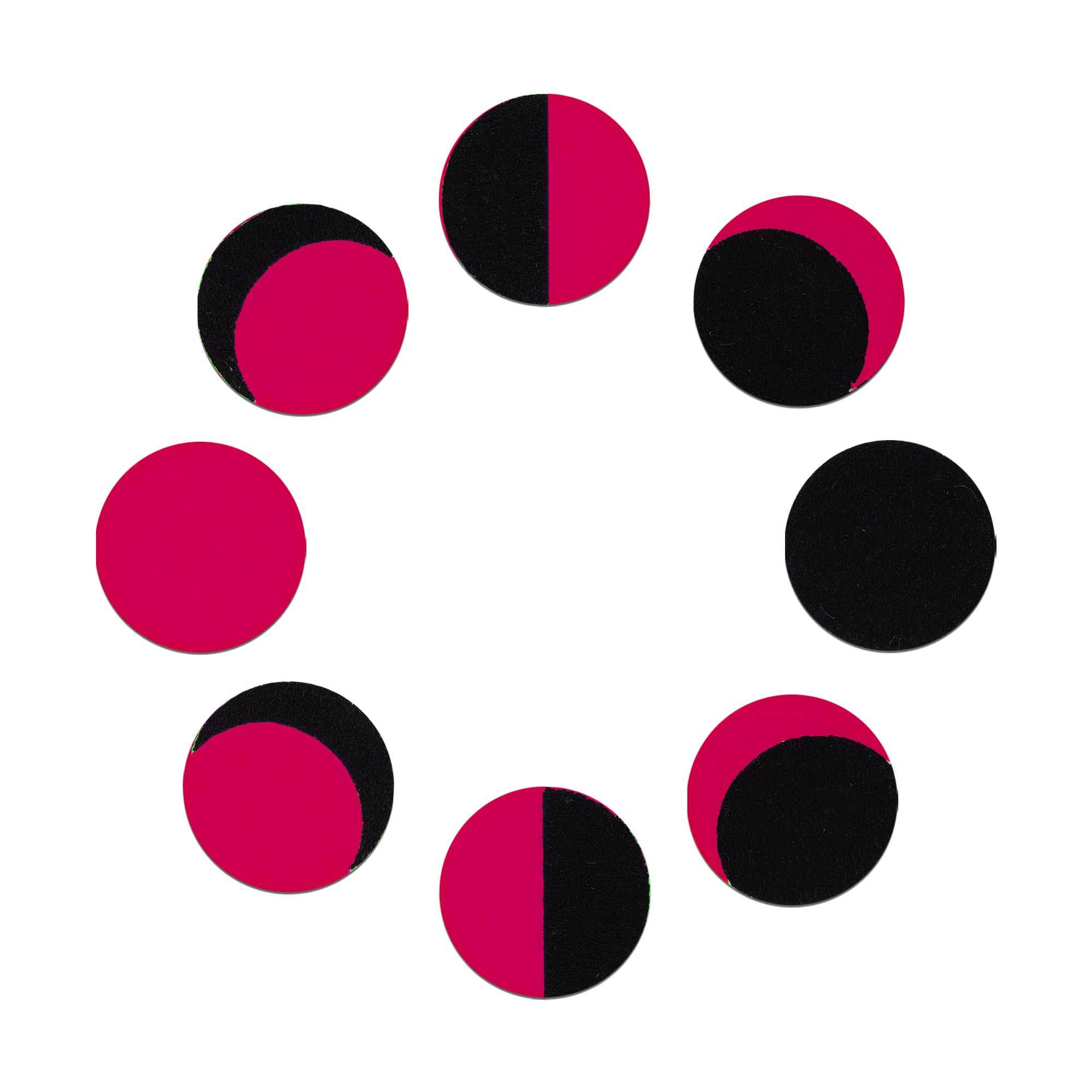 Comet Busters hot pink and black phase of moon bindi set featuring circular moon phase designs in a velvet finish for women and girls.