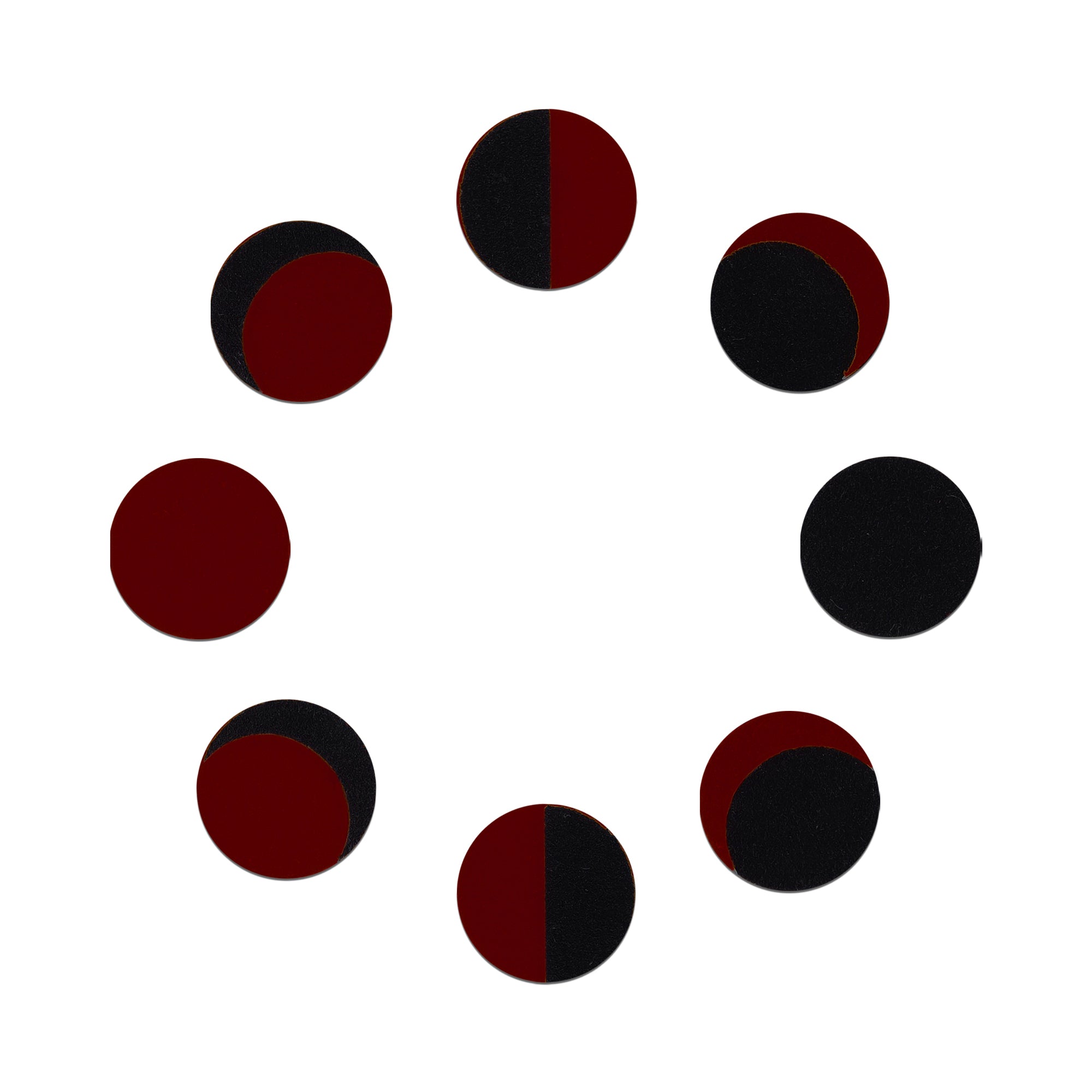 Comet Busters maroon and black phase of moon bindi set featuring circular moon phase designs in a velvet finish for women and girls.