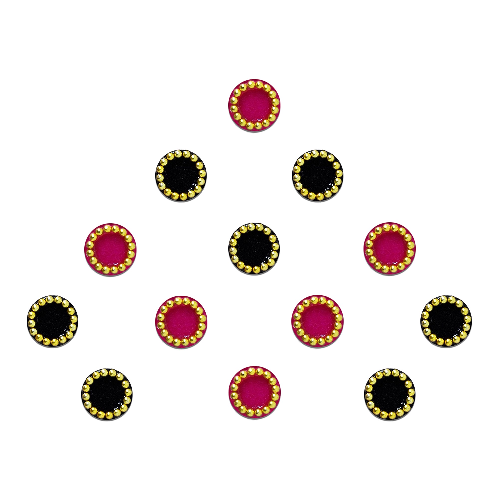 Comet Busters Dual Tone Pink & Black Gold Beaded Round Velvet Bindi featuring premium circular velvet bindis with an elegant gold bead border in vibrant rani pink and classic black. Self-adhesive traditional bindis for women and girls, ideal for daily wear, festive occasions, Navratri, Diwali, Durga Puja, Karwa Chauth, Mehendi, Haldi, weddings, Sangeet, temple visits, religious ceremonies, cultural celebrations, and beautifully complements sarees, lehengas, salwar suits, kurtis, anarkalis, and Indo-western 