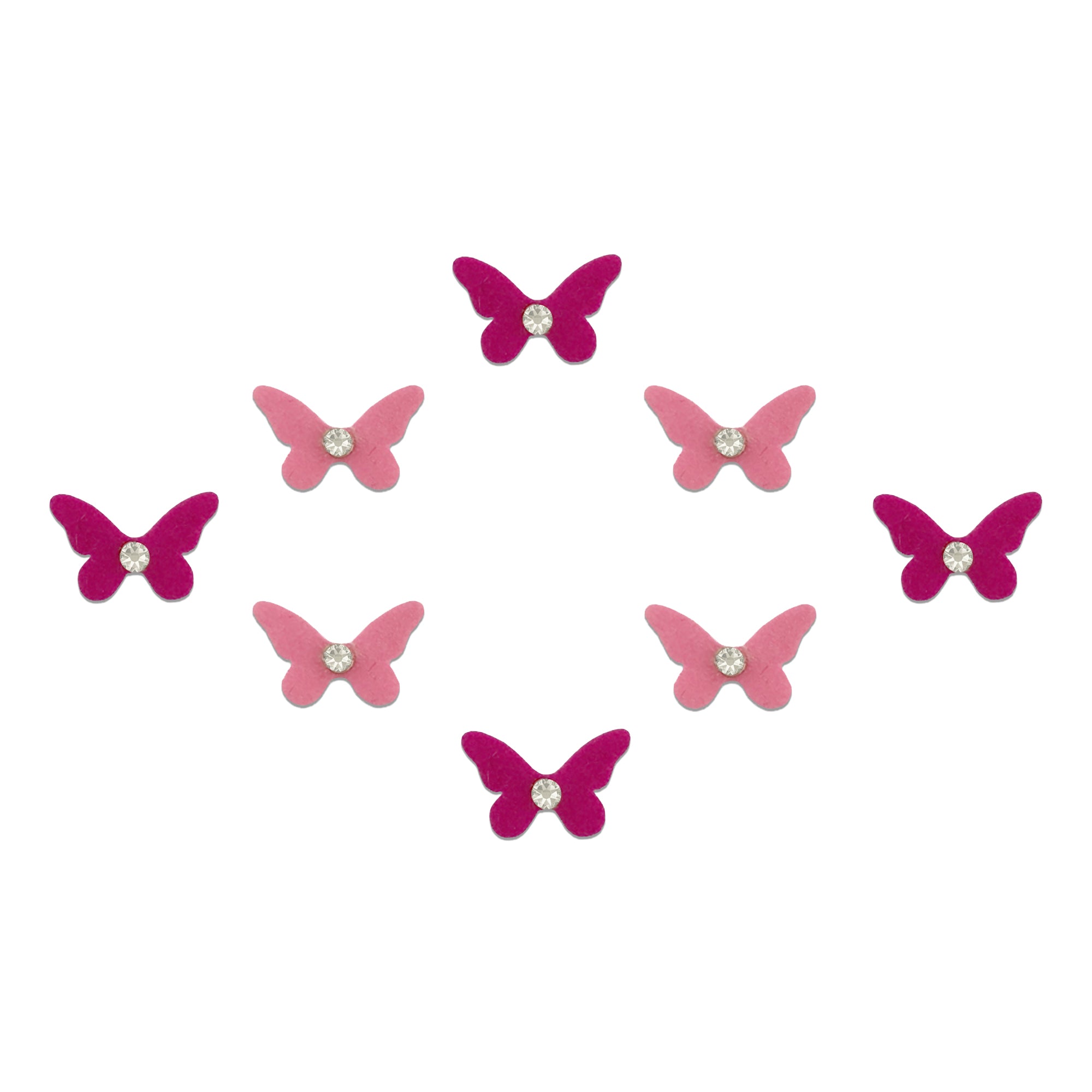 Comet Busters butterfly-shaped velvet bindis featuring sparkling crystal stone detailing in pink shades, perfect for trendy, festive, and ethnic fashion looks for women and girls.