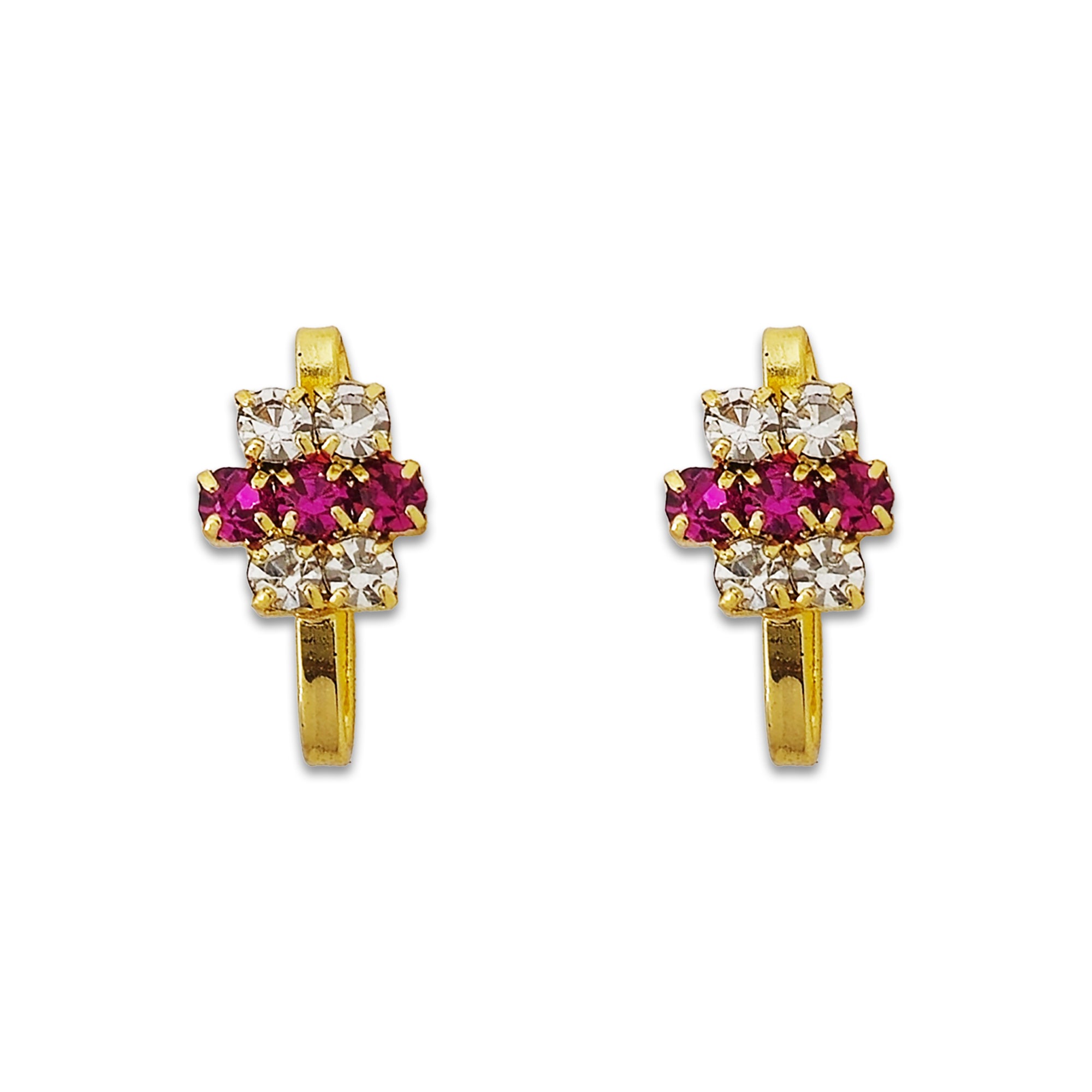 Comet Busters golden nose stud featuring a cross-inspired design with vibrant pink crystals in the center, clear crystal accents on the top and bottom, and a sleek stick fitting for an elegant traditional look.