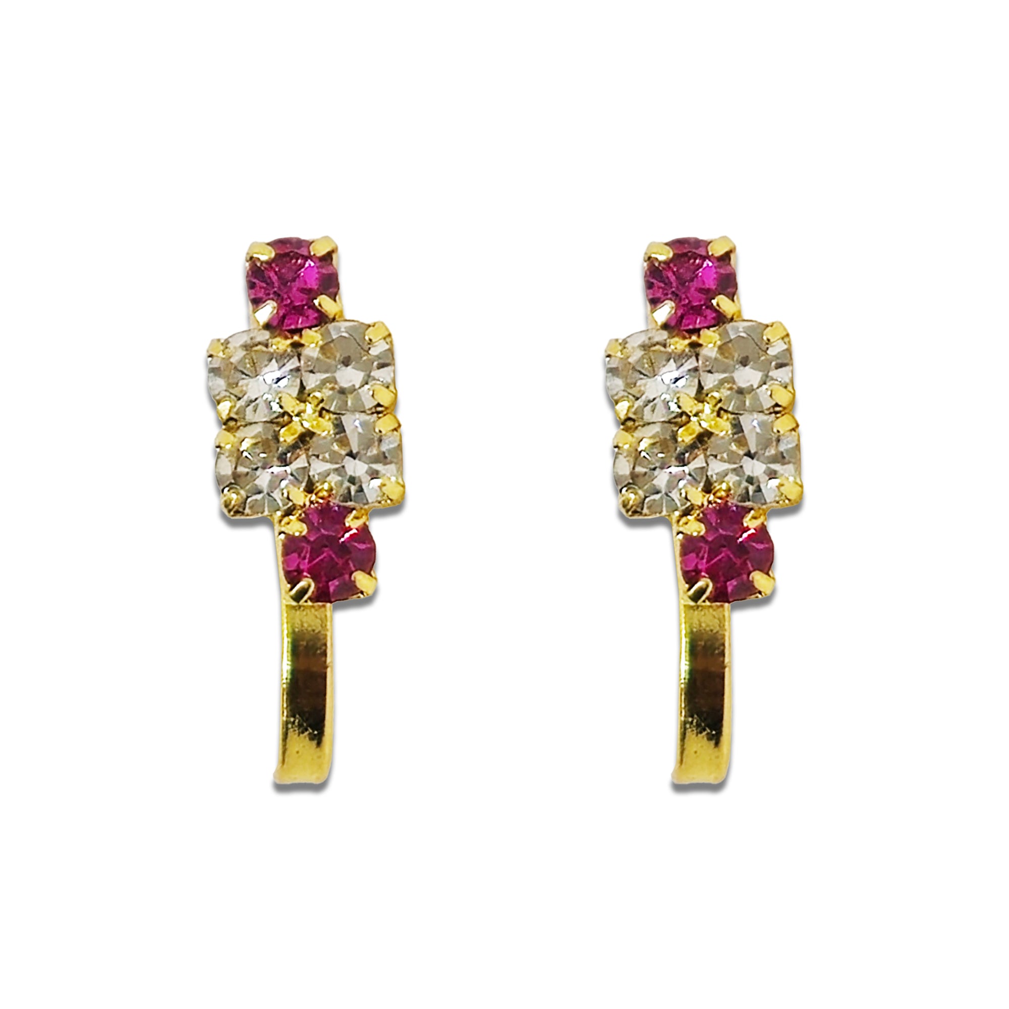 Comet Busters pink crystal designer stick-on nose studs with sparkling white stones and gold-tone detailing, featuring an elegant vertical bar design for women and girls.