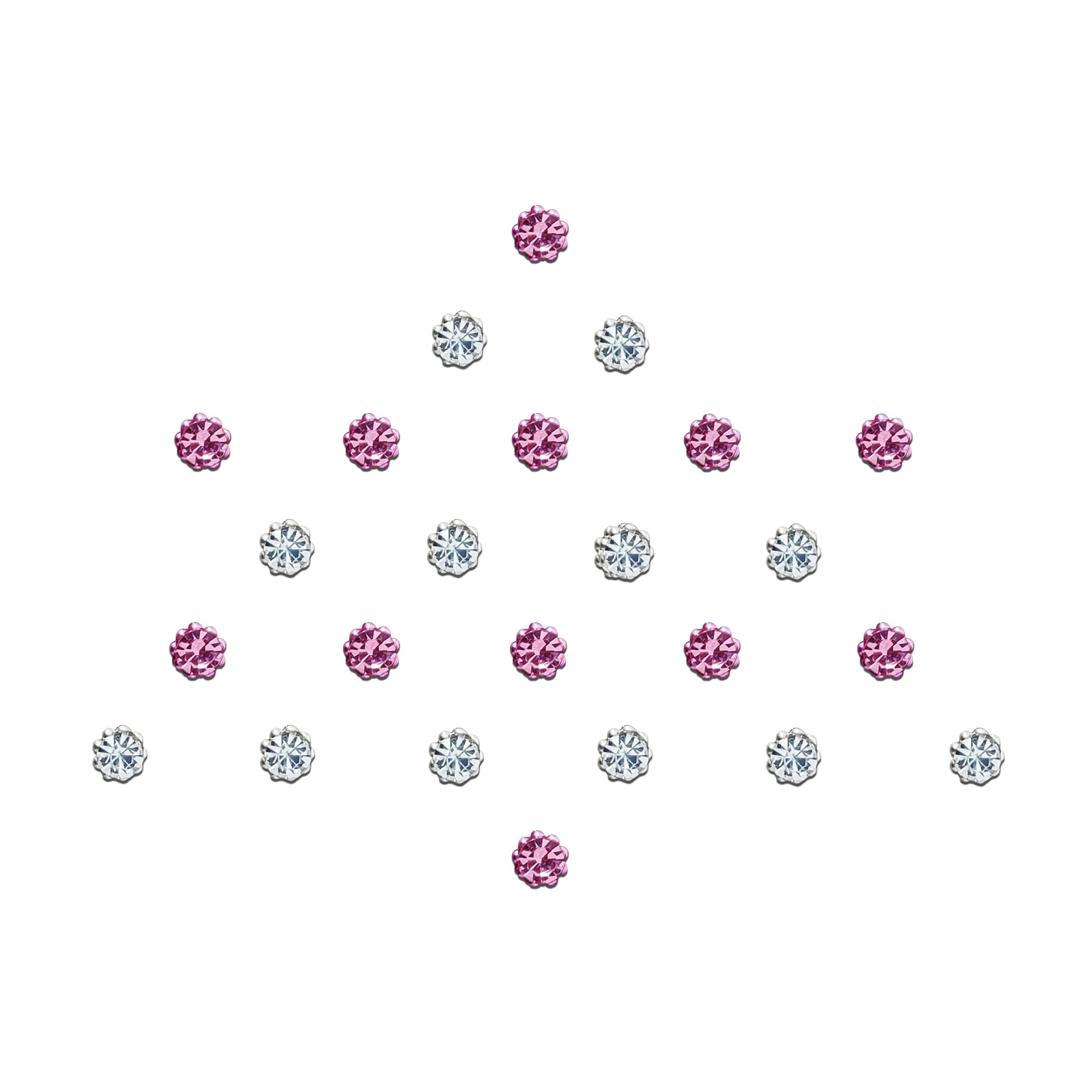 Comet Busters Pink & Crystal Floral Stone Bindi sheet featuring reusable pink and clear floral rhinestone bindis with faceted crystal petals. Premium self-adhesive forehead stickers for women and girls, perfect for weddings, festivals, parties, receptions, bridal wear, and ethnic or fusion styling.