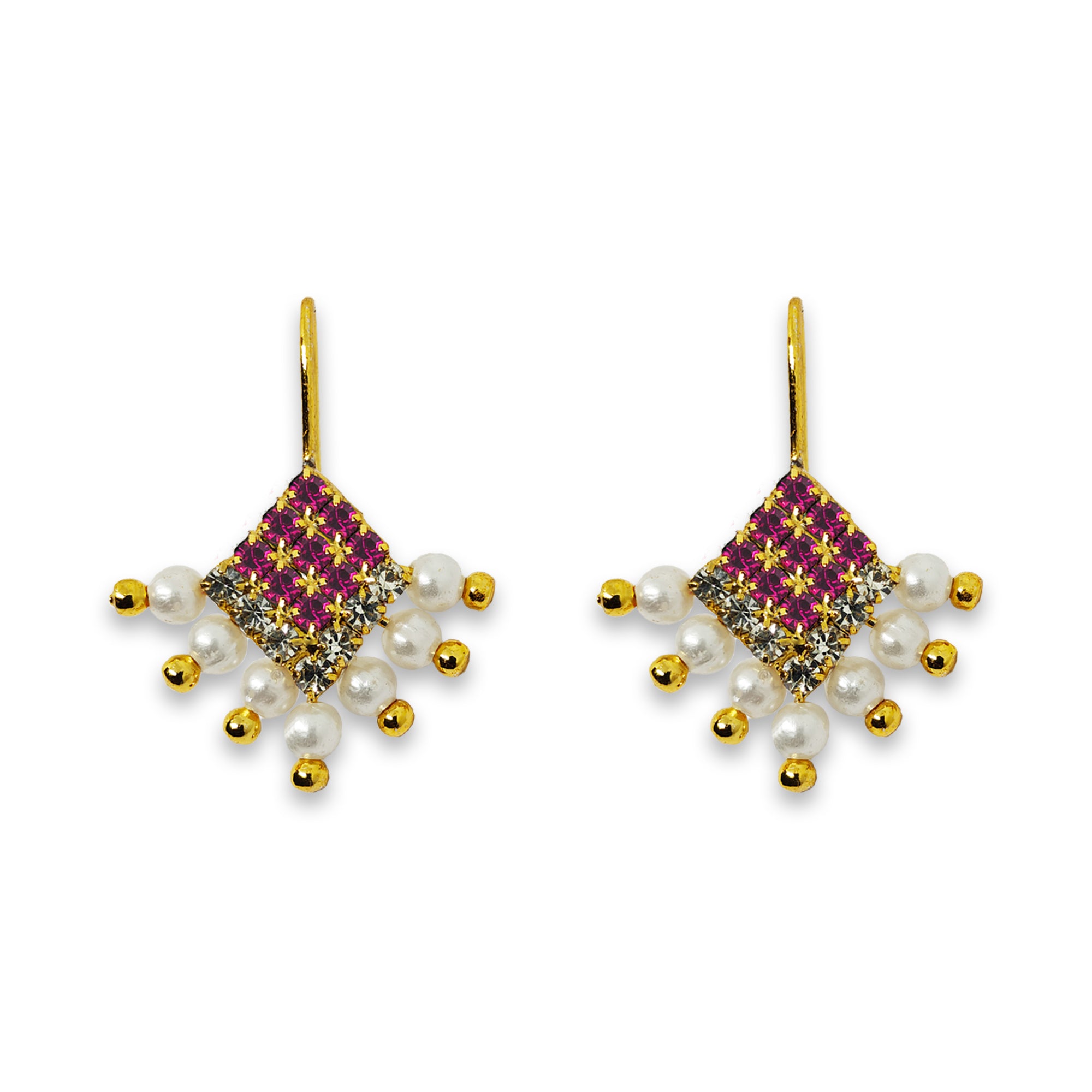 Comet Busters pink diamond and crystal embellished nose studs with pearl and gold bead dangle detailing on white background.