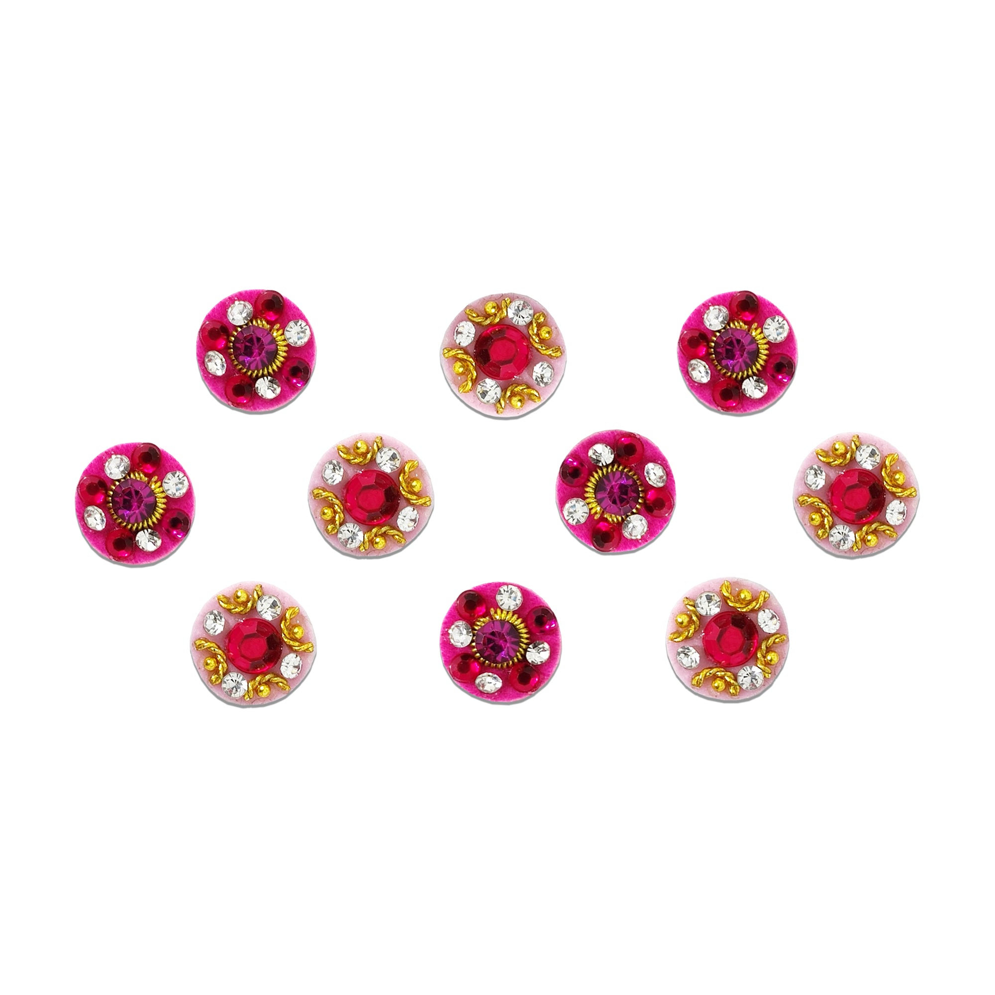 Comet Busters Pink Floral Stone Designer Bindi featuring alternating dark pink and light pink round bindis embellished with ruby red center stones, sparkling white crystals, and elegant gold floral detailing. Self-adhesive premium bindis for women and girls, perfect for weddings, festivals, Navratri, Diwali, Karwa Chauth, Durga Puja, bridal wear, parties, and traditional or Indo-western outfits.
