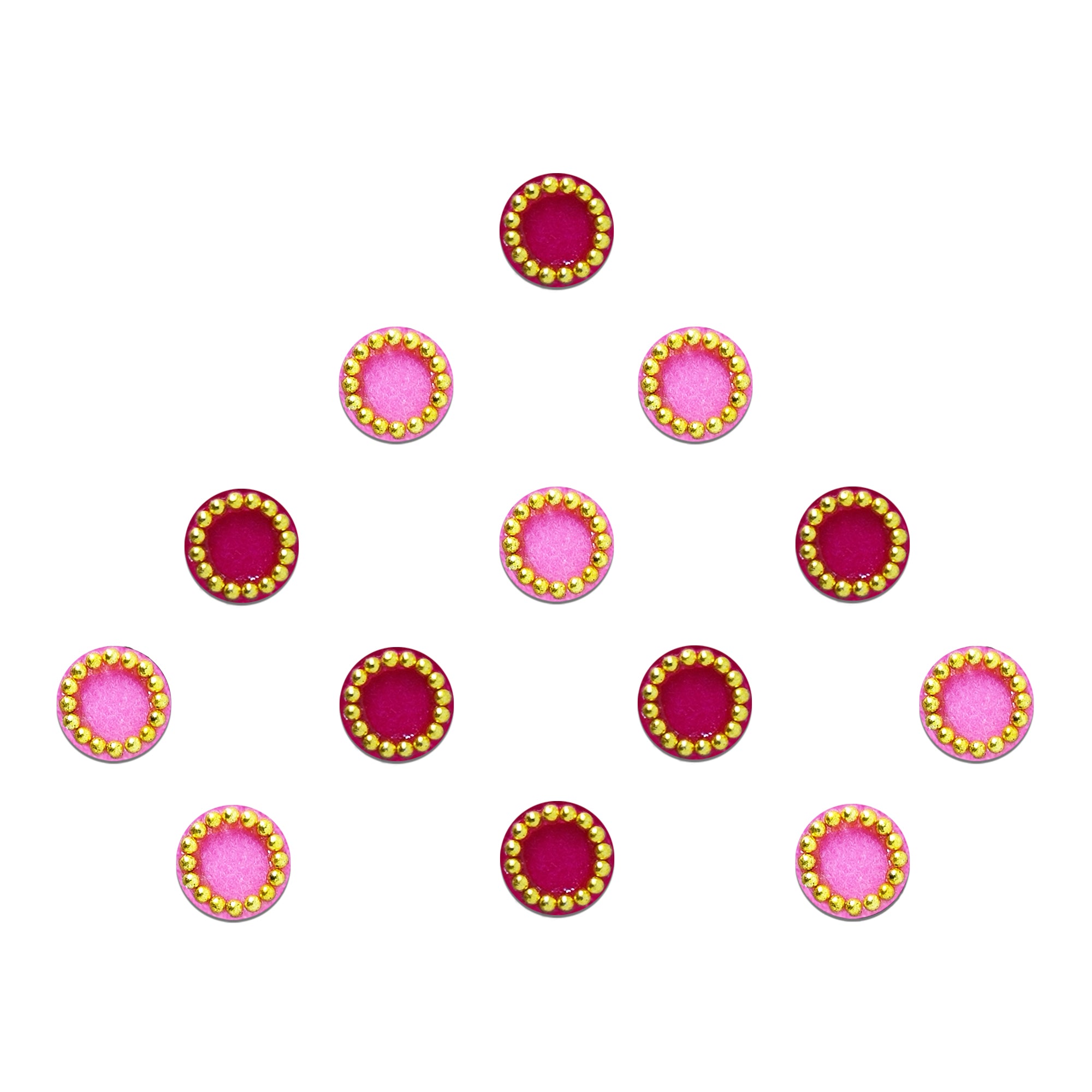 Comet Busters Dual Tone Pink Gold Beaded Round Velvet Bindi featuring premium circular velvet bindis with an elegant gold bead border in vibrant rani pink and classic black. Self-adhesive traditional bindis for women and girls, ideal for daily wear, festive occasions, Navratri, Diwali, Durga Puja, Karwa Chauth, Mehendi, Haldi, weddings, Sangeet
