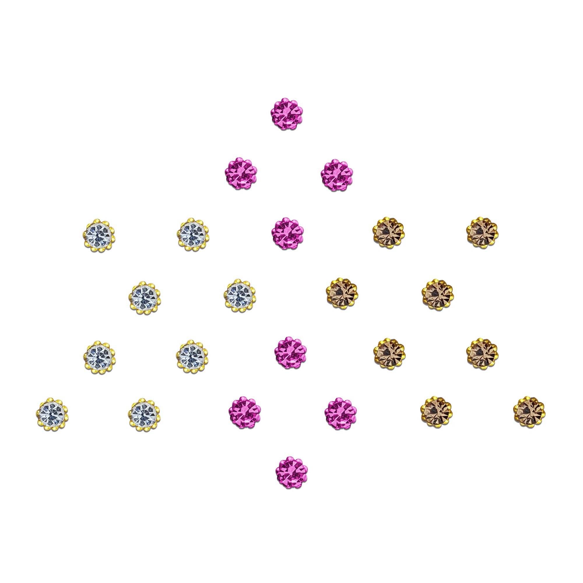 Comet Busters Crystal Stone Bindi Set featuring premium floral rhinestone bindis in pink, clear crystal, and champagne shades with gold-toned settings. Self-adhesive reusable designer bindis for women and girls, perfect for weddings, festivals, bridal wear, parties, Navratri, Diwali, and traditional ethnic outfits.