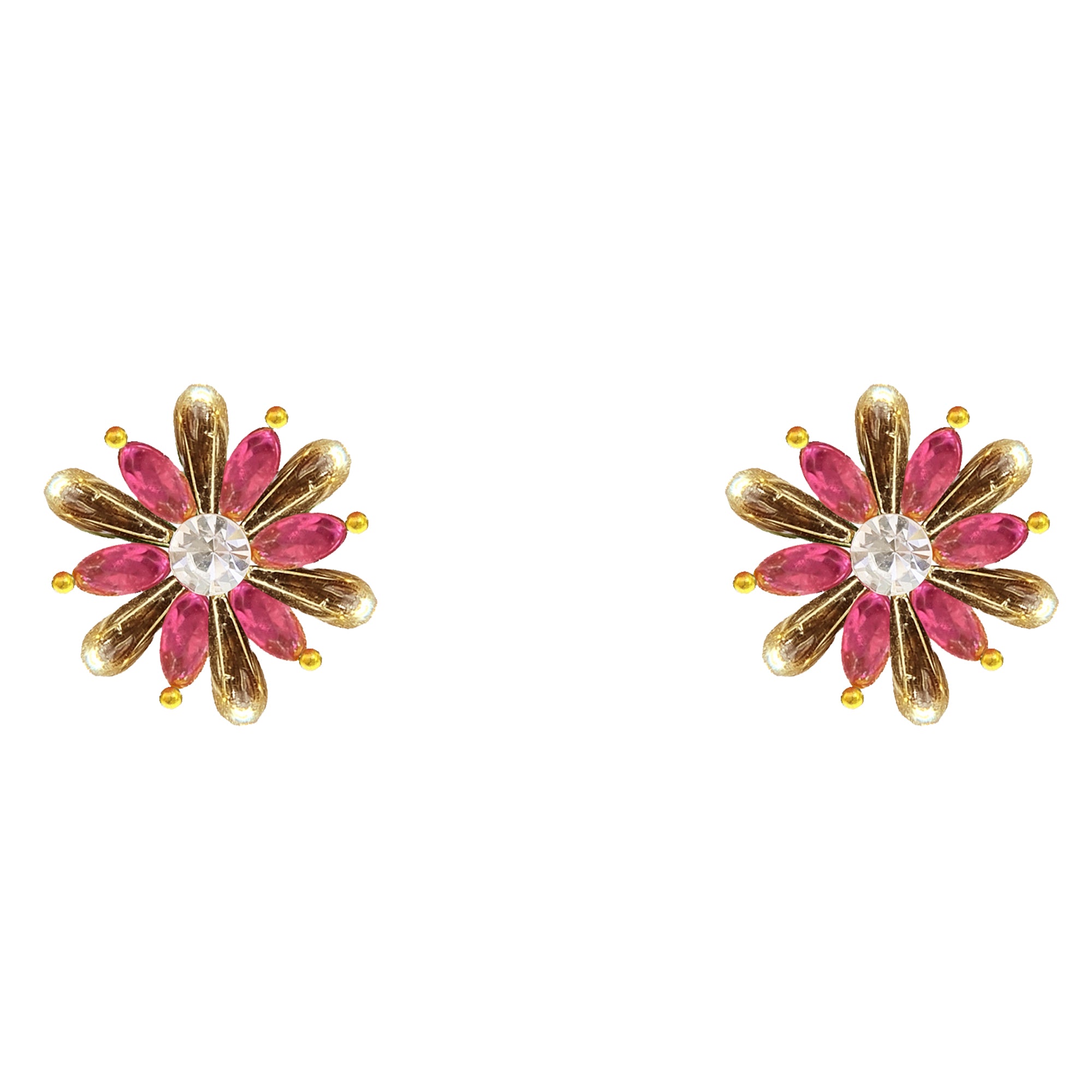 Comet Busters Pink and Golden Floral Ear Stud with Sparkling Crystal Center and Elegant Petal Design for Women and Girls