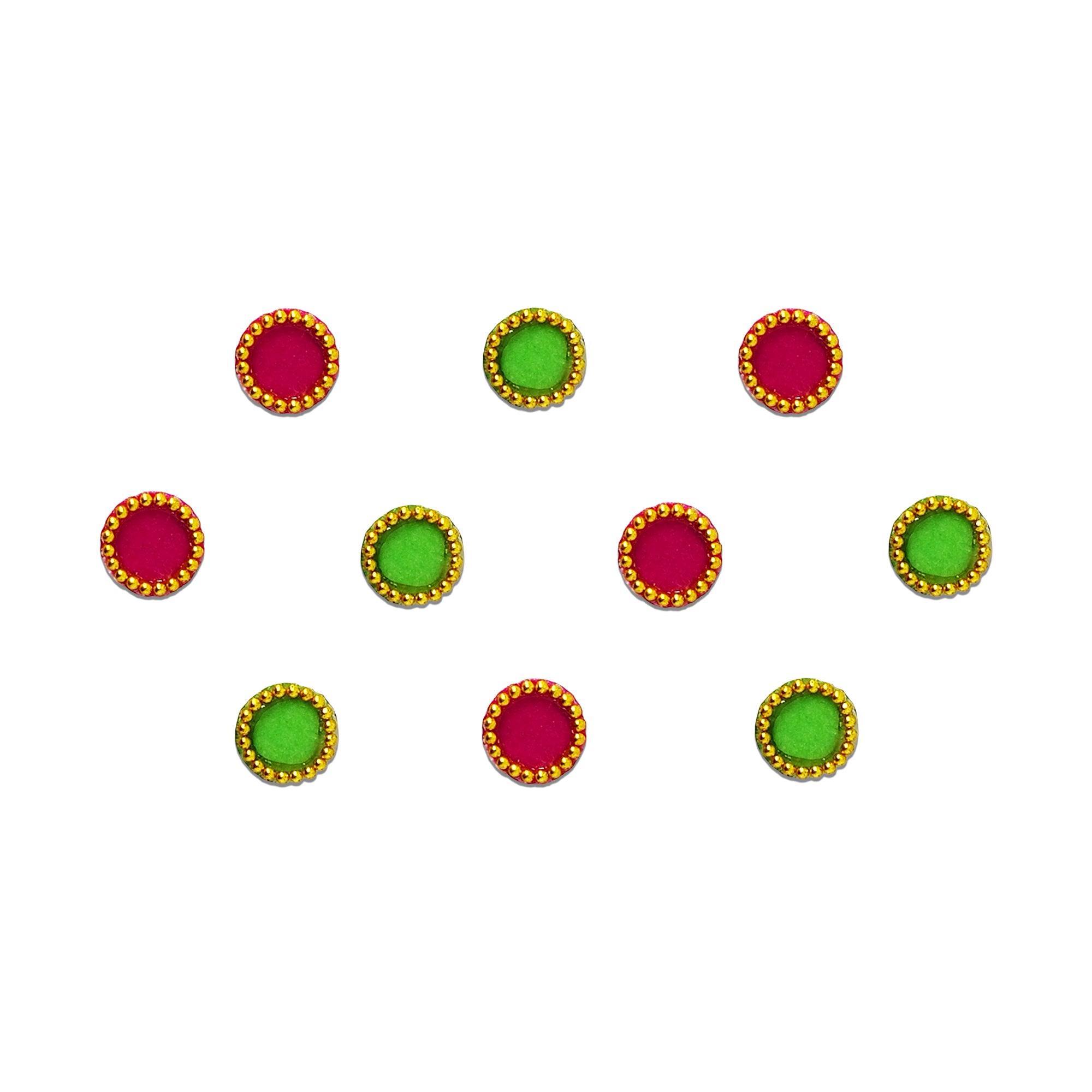 Comet Busters Dual Tone Round Velvet Beaded Bindi featuring classic circular velvet bindis in vibrant hot pink and parrot green shades with an elegant gold micro-beaded border. Soft, self-adhesive, lightweight, and comfortable for women and girls. Perfect for daily wear, weddings, festivals, pooja, office wear, traditional ceremonies, Navratri, and ethnic outfits.