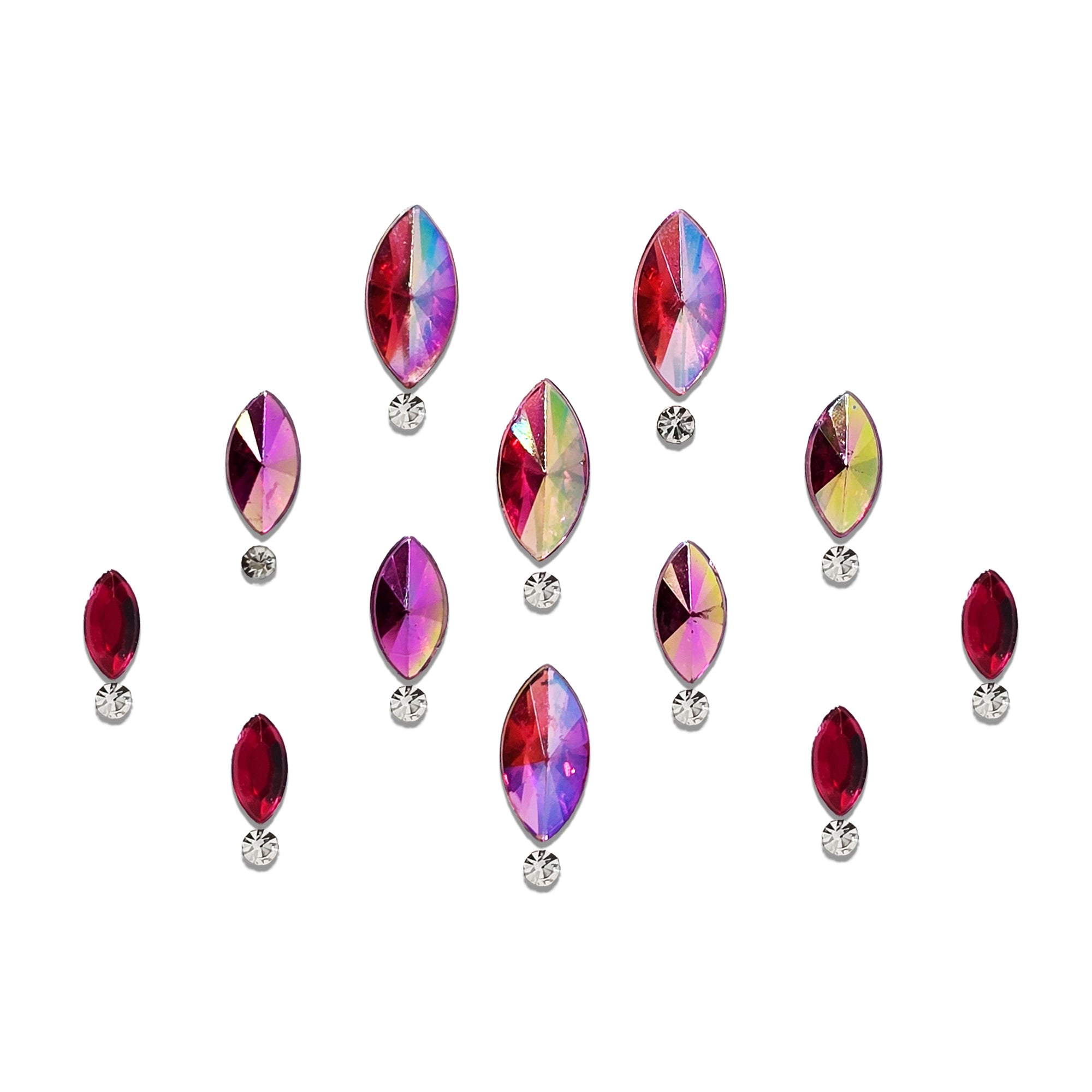 Comet Busters pink Marquise Crystal Designer Bindi featuring premium marquise-cut iridescent AB crystals paired with sparkling round rhinestones. This elegant self-adhesive bindi set includes vibrant shades of ruby red, pink, purple, and rainbow Aurora Borealis finishes, making it perfect for women and girls for weddings, festivals, parties, bridal wear, and traditional ethnic outfits.