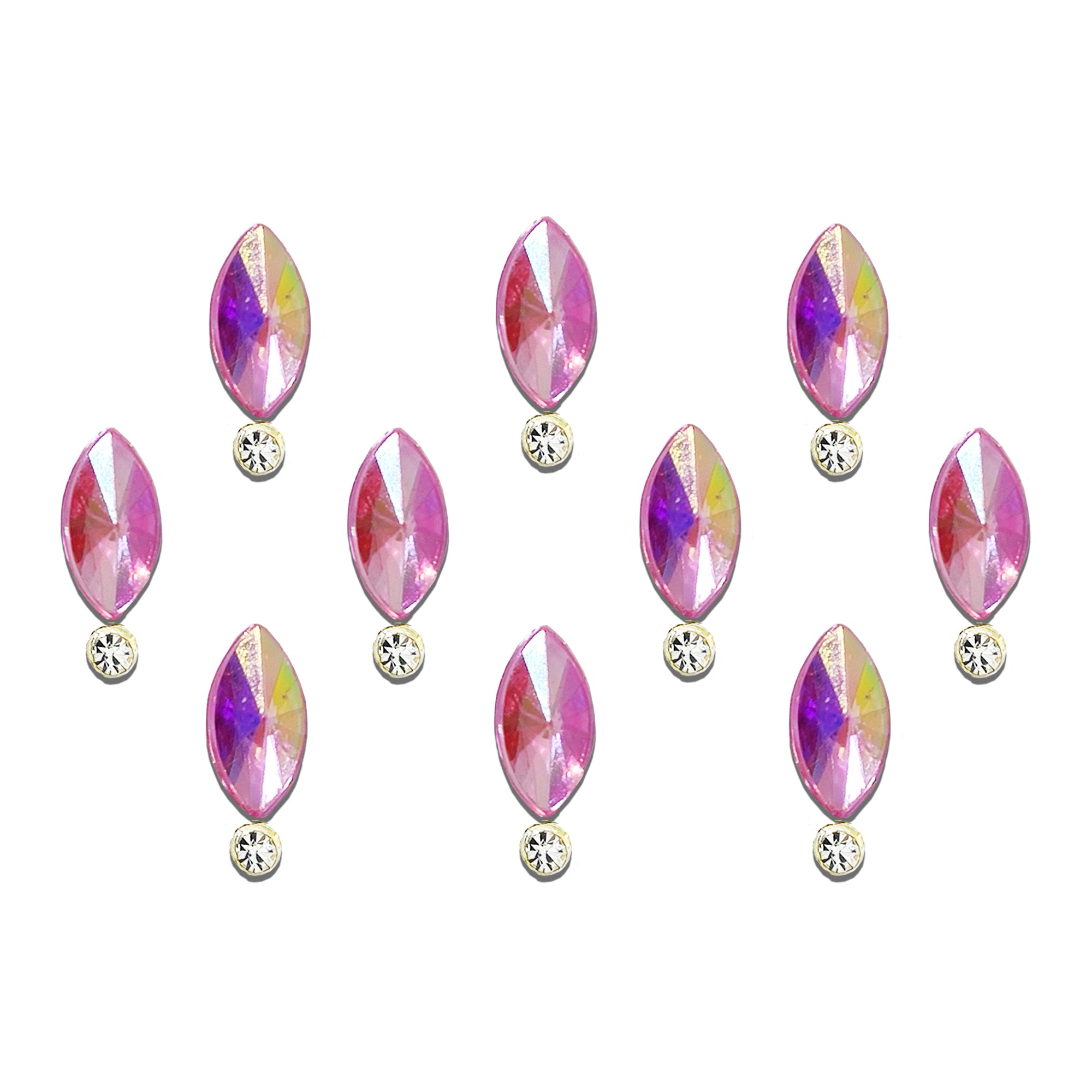 Comet Busters pink navette-shaped crystal bindi featuring a faceted light pink gemstone with a sparkling round rhinestone accent. Elegant self-adhesive designer bindi for women and girls, perfect for weddings, festivals, Navratri, Diwali, parties, classical dance performances, and traditional ethnic wear.