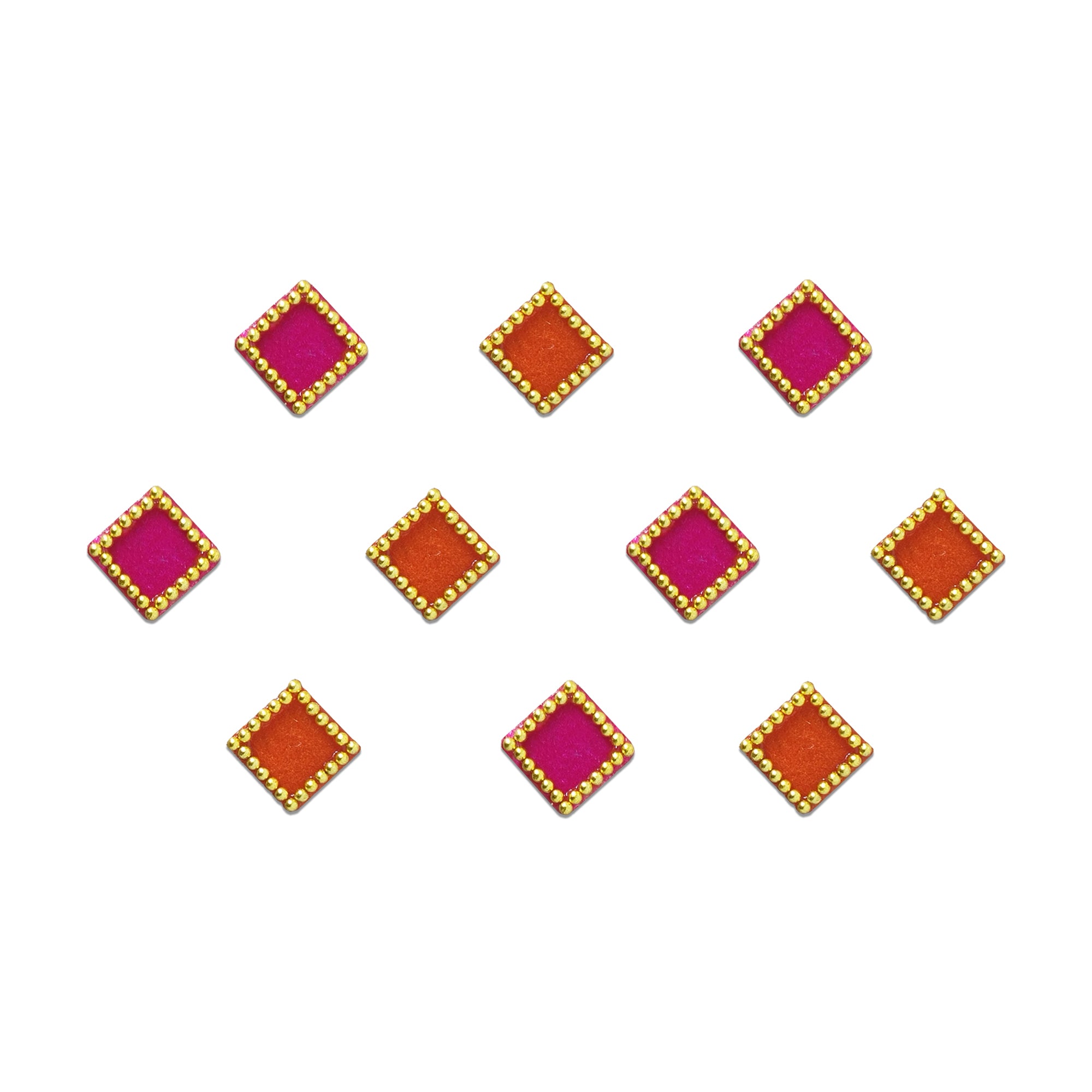 Comet Busters Pink & Orange Diamond Velvet Bindi featuring alternating fuchsia pink and burnt orange diamond-shaped velvet bindis with an elegant gold beaded border. Self-adhesive geometric designer bindis for women and girls, ideal for daily wear, festive occasions, Navratri, Diwali, Karwa Chauth, weddings, temple visits, cultural events, and traditional or Indo-western outfits.