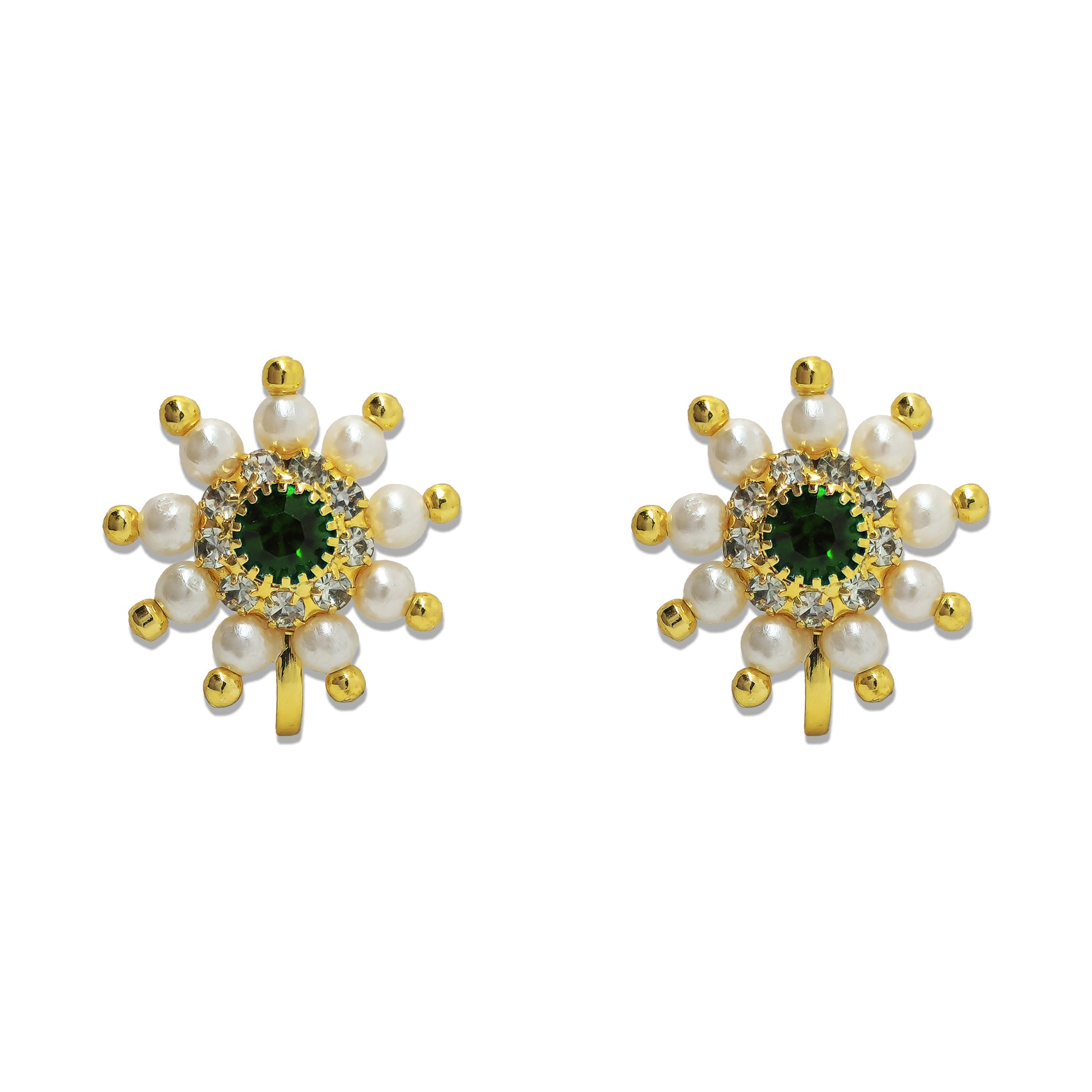 Comet Busters pink floral nose studs with pearl beads, pink crystal stones, gold-tone detailing and a hanging pink bead