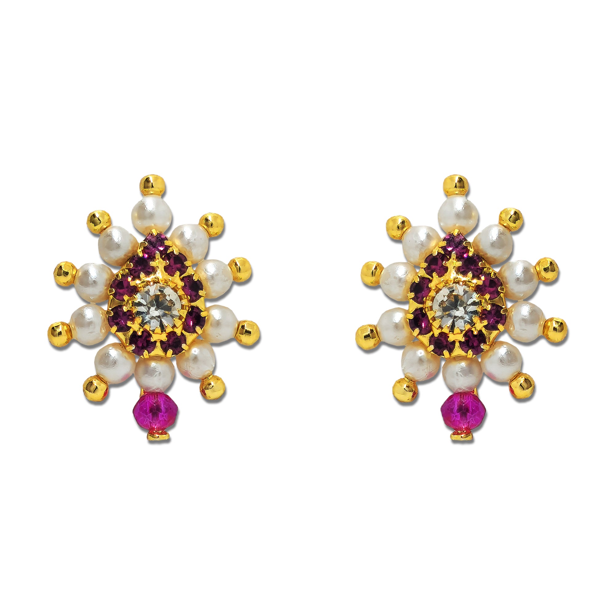 Comet Busters pink floral nose studs with pearl beads, pink crystal stones, gold-tone detailing and a hanging pink bead
