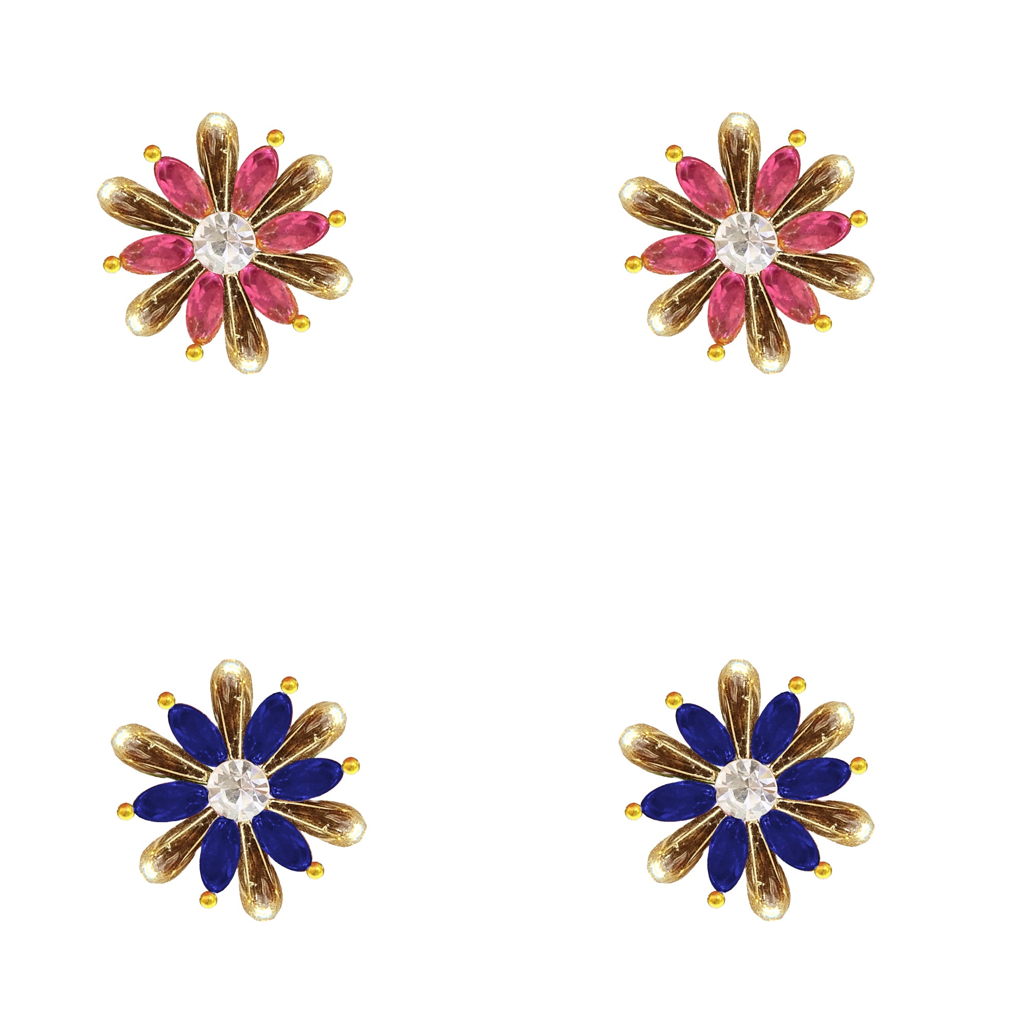 Comet Busters Pink and Royal Blue Floral Ear Stud Set with Golden Petals and Sparkling Crystal Centers for Women and Girls