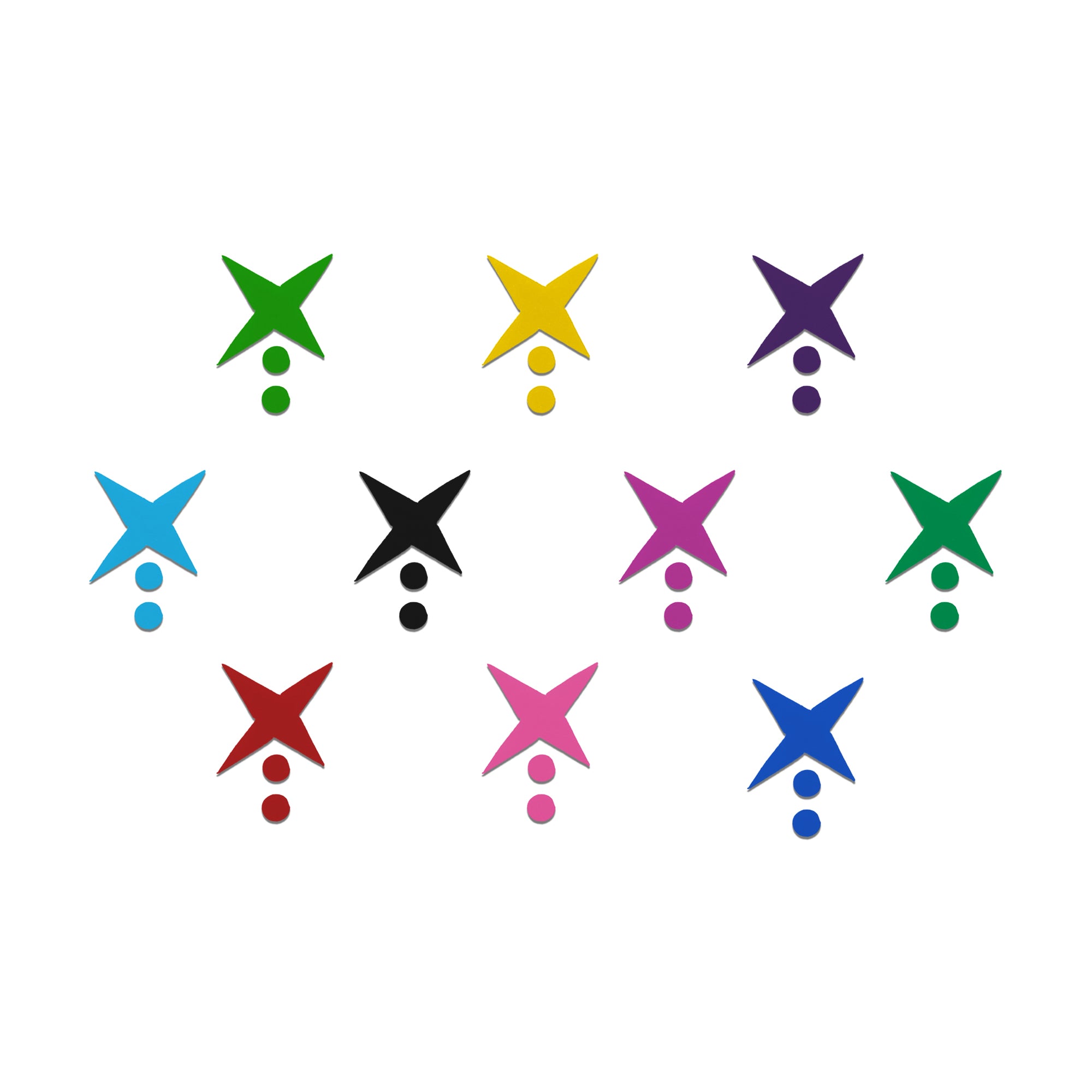 Comet Busters Pinwheel Designer Bindi featuring a unique four-point pinwheel-shaped centerpiece with two matching accent dots below. Available in vibrant multicolor shades including green, yellow, purple, blue, black, pink, red, and teal. Soft velvet finish with self-adhesive backing, perfect for women and girls for festive wear, Navratri, weddings, cultural events, parties, and contemporary ethnic styling.