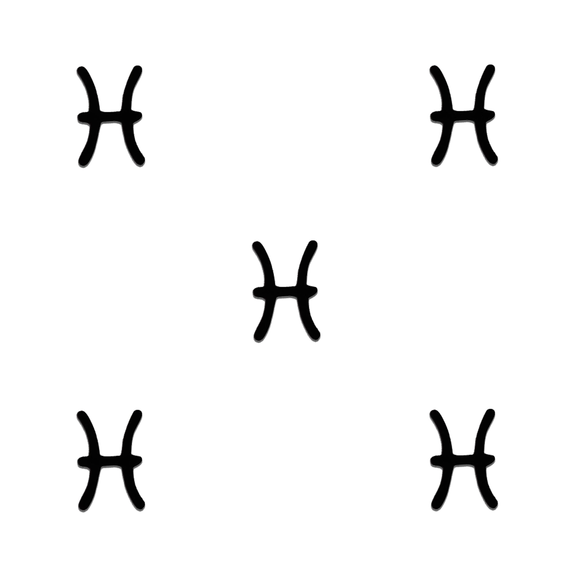 "Five black Pisces zodiac symbols arranged symmetrically on a light gray background, with one symbol centered and four positioned around it in a balanced decorative bindi pattern."