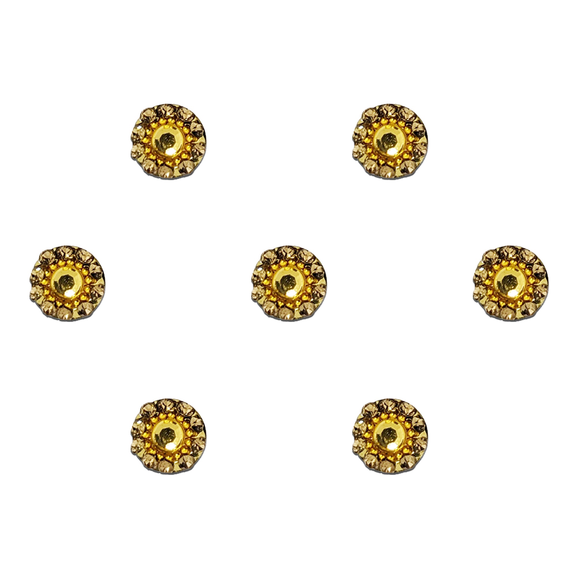 Comet Busters golden round bindis with sparkling crystal stone detailing in a premium mini designer style for festive and ethnic wear.