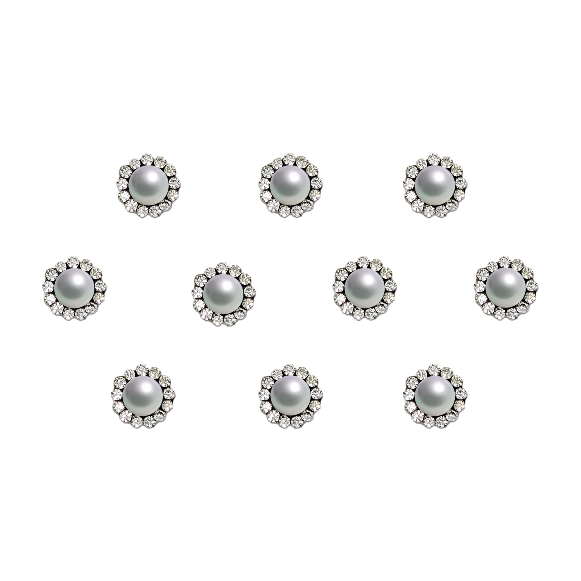 Comet Busters Pearl Halo Stone Bindi featuring an 8mm white pearl center surrounded by sparkling crystal stones in a round floral pattern. Premium self-adhesive designer bindis ideal for bridal wear, festive occasions, parties, weddings, and traditional ethnic looks.