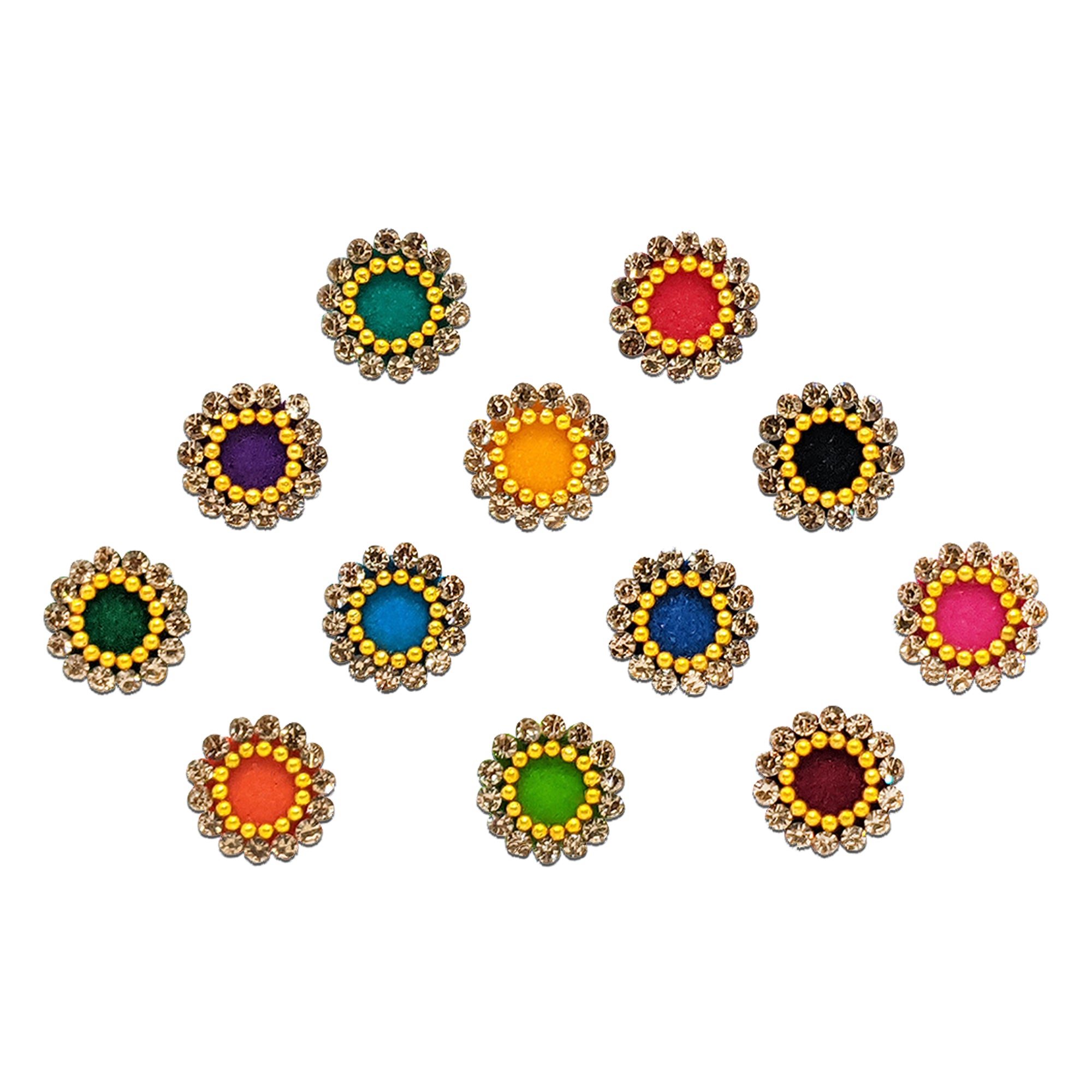 Comet Busters multicolor round bindis featuring sparkling crystal stone borders with golden bead detailing and vibrant center colors for festive and ethnic wear styling.