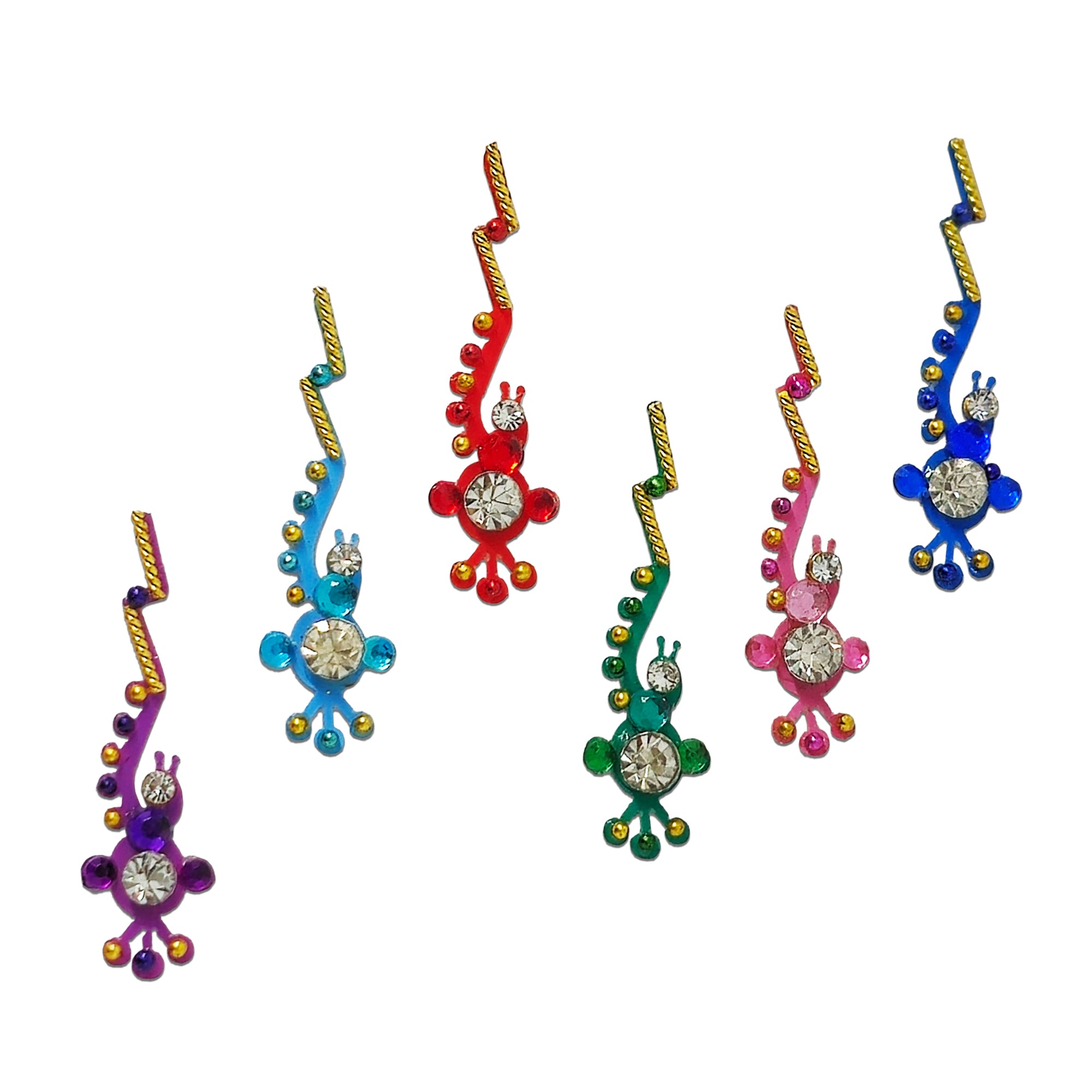Comet Busters Elegant Crystal Swirl Designer Bindi featuring graceful multicolor enamel swirl accents with sparkling clear rhinestones and gold-tone detailing. Self-adhesive reusable designer bindis for women and girls, perfect for weddings, bridal wear, festivals, Navratri, Diwali, parties, cultural events, and traditional ethnic outfits.