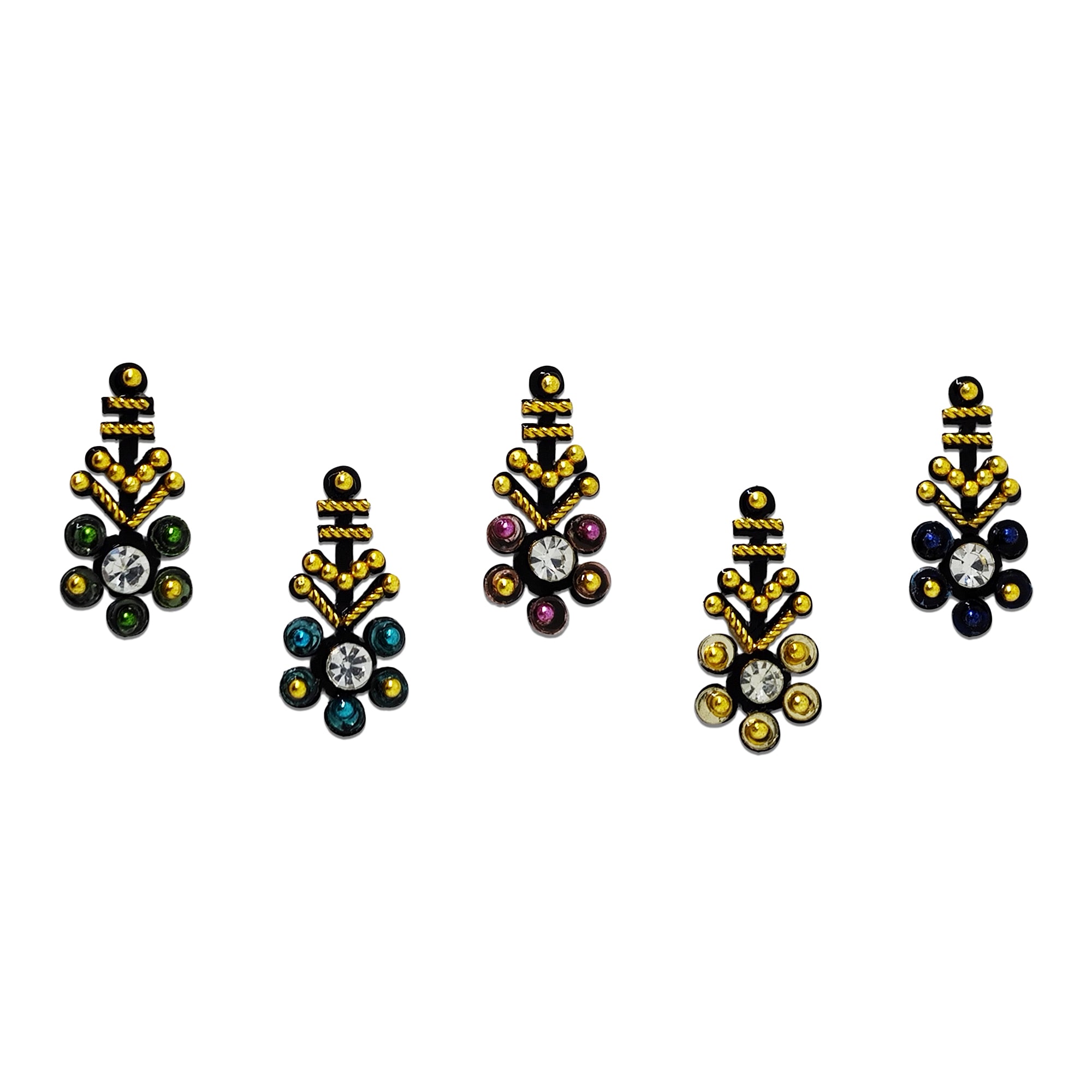 Comet Busters multicolor floral designer bindi sheet featuring 5 elegant black bindis with sparkling crystal center stones, colorful rhinestone petals, and gold bead detailing, reusable forehead bindis for women and girls, ideal for weddings, festivals, parties, and traditional ethnic wear.