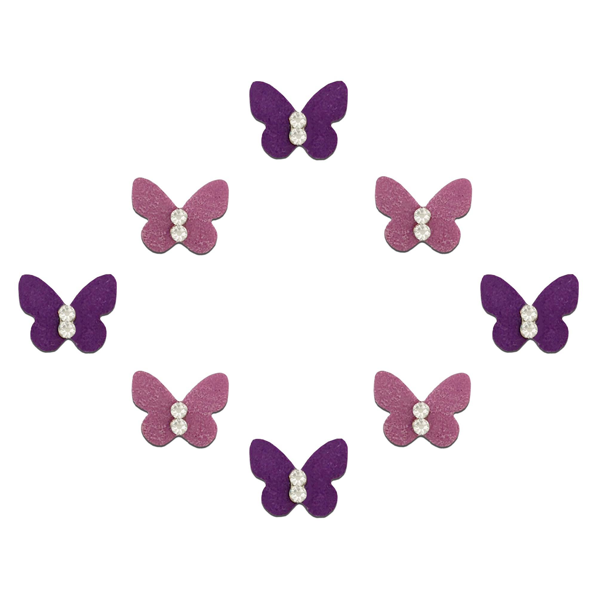 Comet Busters butterfly-shaped velvet bindis featuring sparkling crystal stone detailing in purple shades, perfect for trendy, festive, and ethnic fashion looks for women and girls.