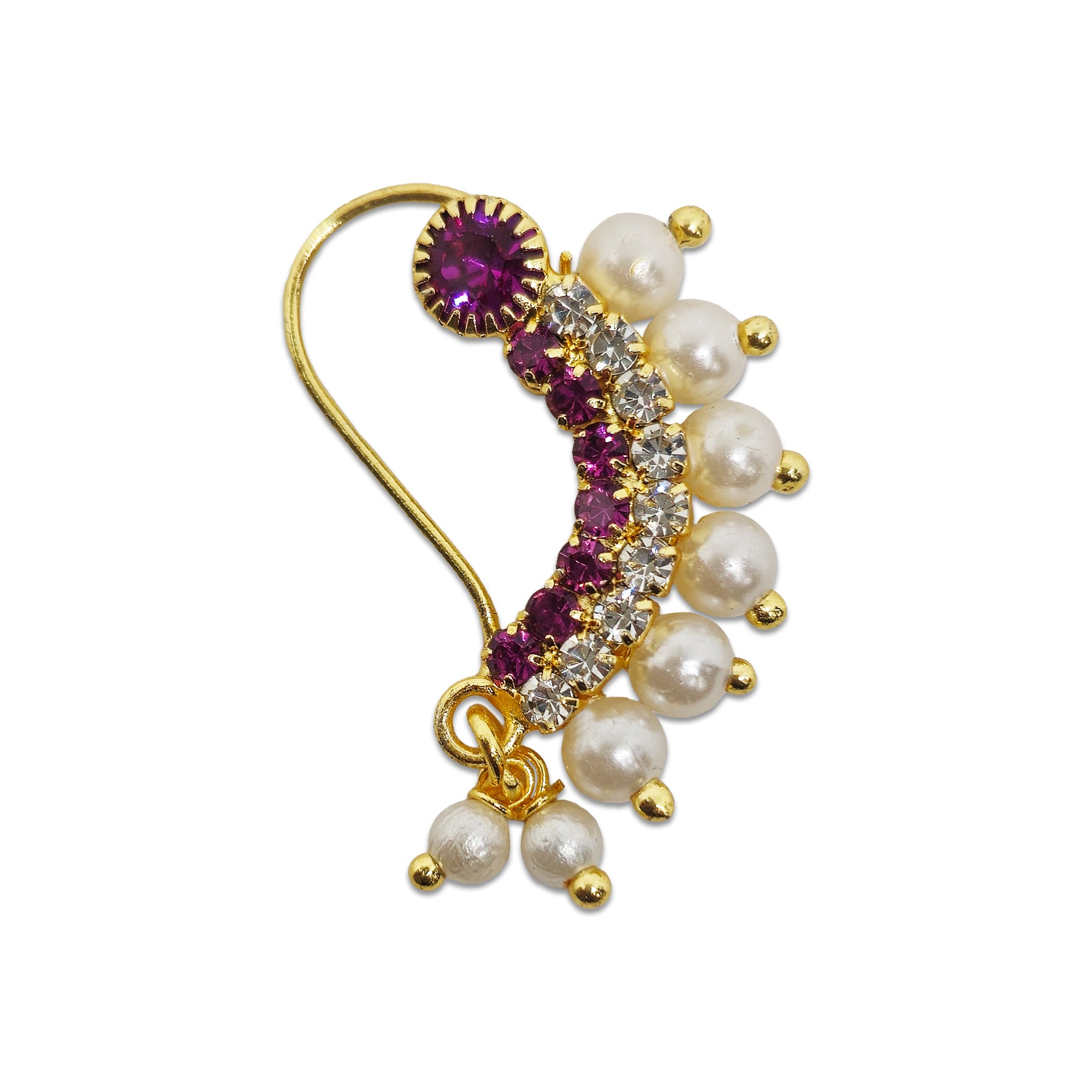 Comet Busters gold-tone bridal nose ring with purple crystals, clear crystal detailing, white pearl beads, and dangling pearl charms.