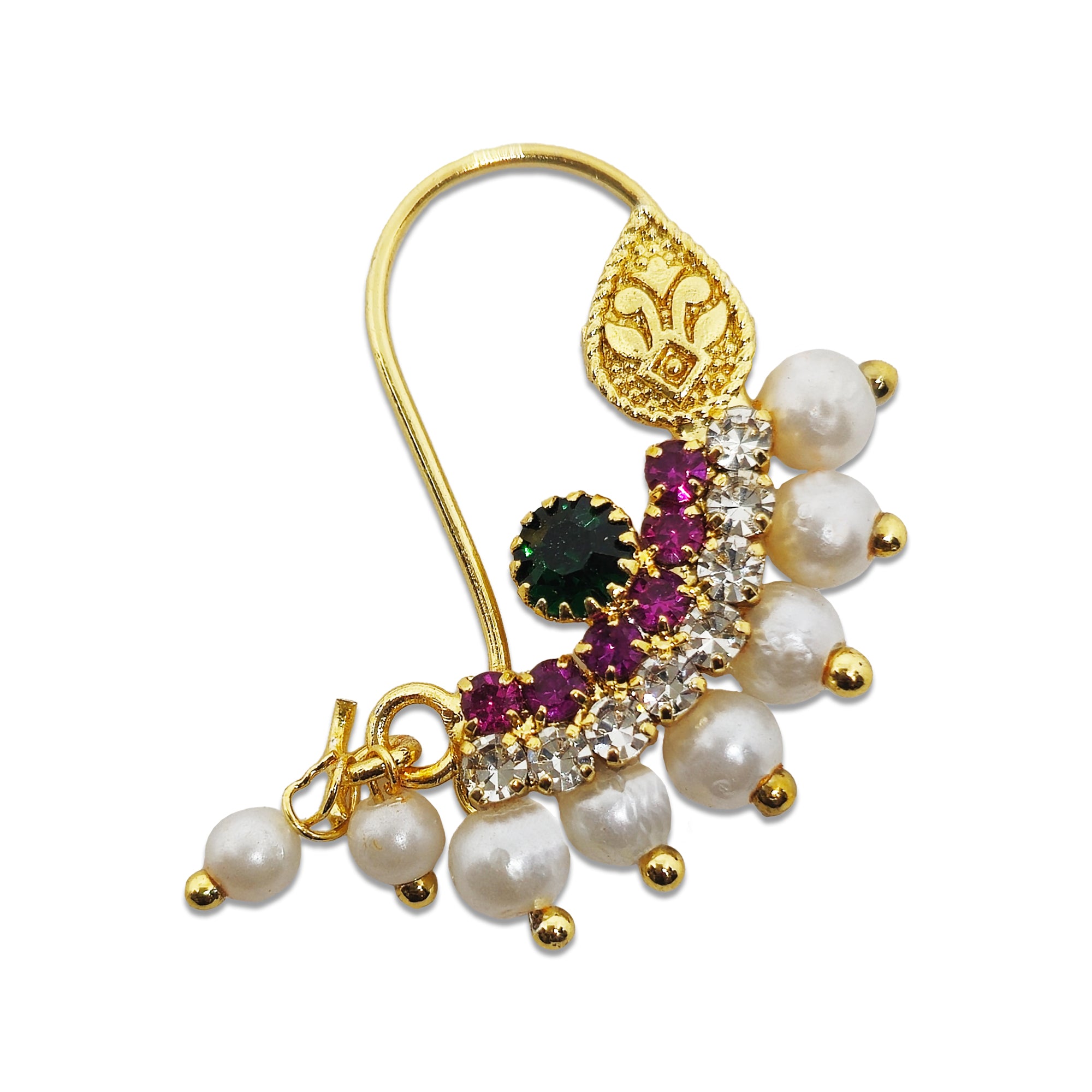 Comet Busters gold-tone bridal nose ring with purple crystals, clear crystal detailing, white pearl beads, and dangling pearl charms.