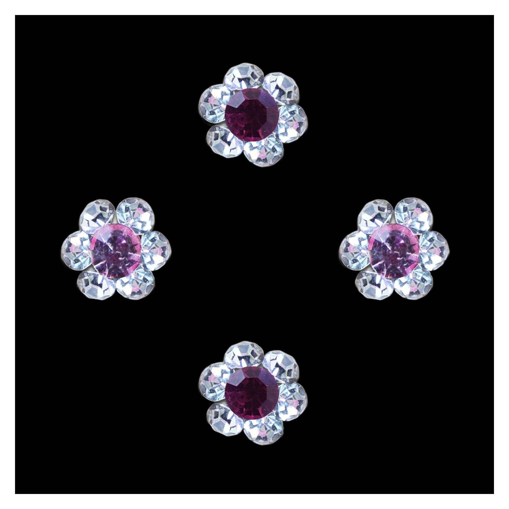 Comet Busters purple flower-shaped nose stud with a faceted purple center stone surrounded by sparkling clear crystal petals for women and girls