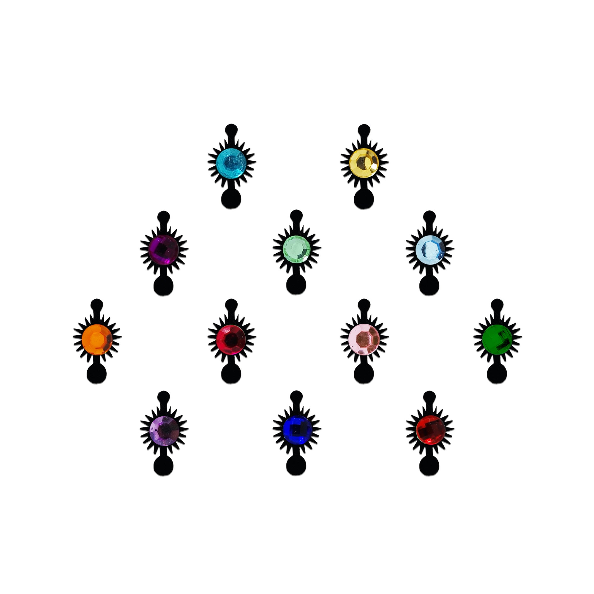 Comet Busters Radiant Crystal Sunburst Designer Bindi featuring a sparkling round faceted crystal set within a black sunburst-style design, finished with top and bottom accent dots. Available in vibrant multicolor gemstones including blue, yellow, green, red, pink, purple, orange, and aqua. Self-adhesive designer bindi ideal for women and girls for weddings, festive celebrations, Navratri, Diwali, traditional functions, parties, and ethnic fashion.