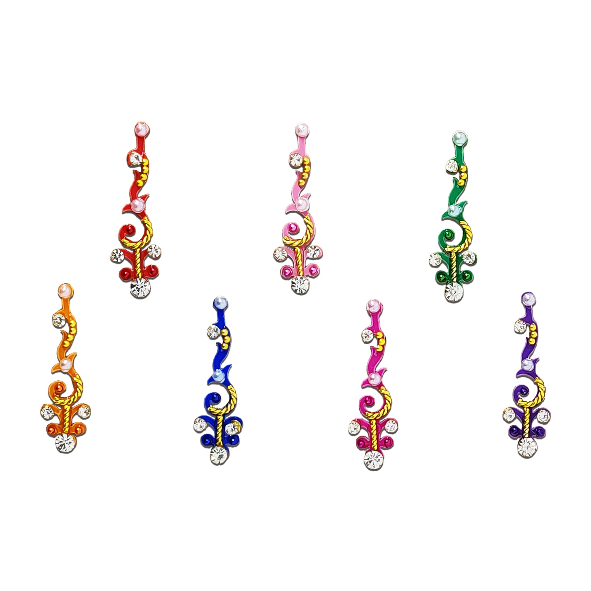 Comet Busters Designer Bindi featuring a stone, sparkling round crystal accents, gold bead detailing, and an elegant floral-inspired design. Available in red, royal blue, sky blue, green, pink, purple, and orange colors. Self-adhesive decorative bindi for women and girls, ideal for weddings, festivals, Navratri, Diwali, parties, and traditional ethnic wear.