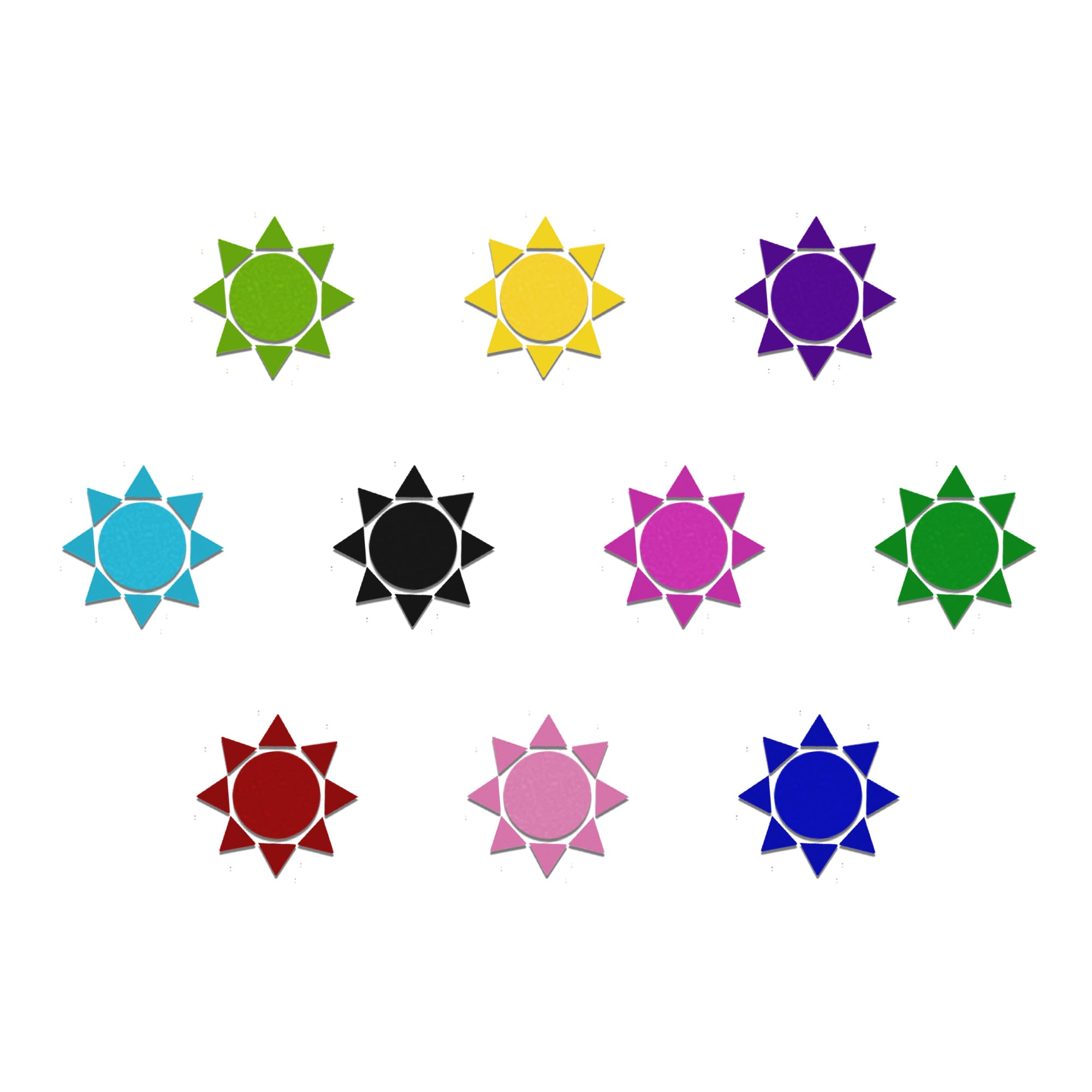 Comet Busters Sunburst Designer Bindi featuring multicolor self-adhesive velvet bindis with a round center surrounded by eight pointed sunburst rays. Available in green, mustard yellow, purple, sky blue, black, magenta, dark green, red, baby pink, and royal blue. Soft velvet finish, lightweight, comfortable to wear, and perfect for women and girls for festivals, Navratri, Diwali, weddings, cultural events, Bharatanatyam, Kathak, temple visits, and everyday ethnic styling.