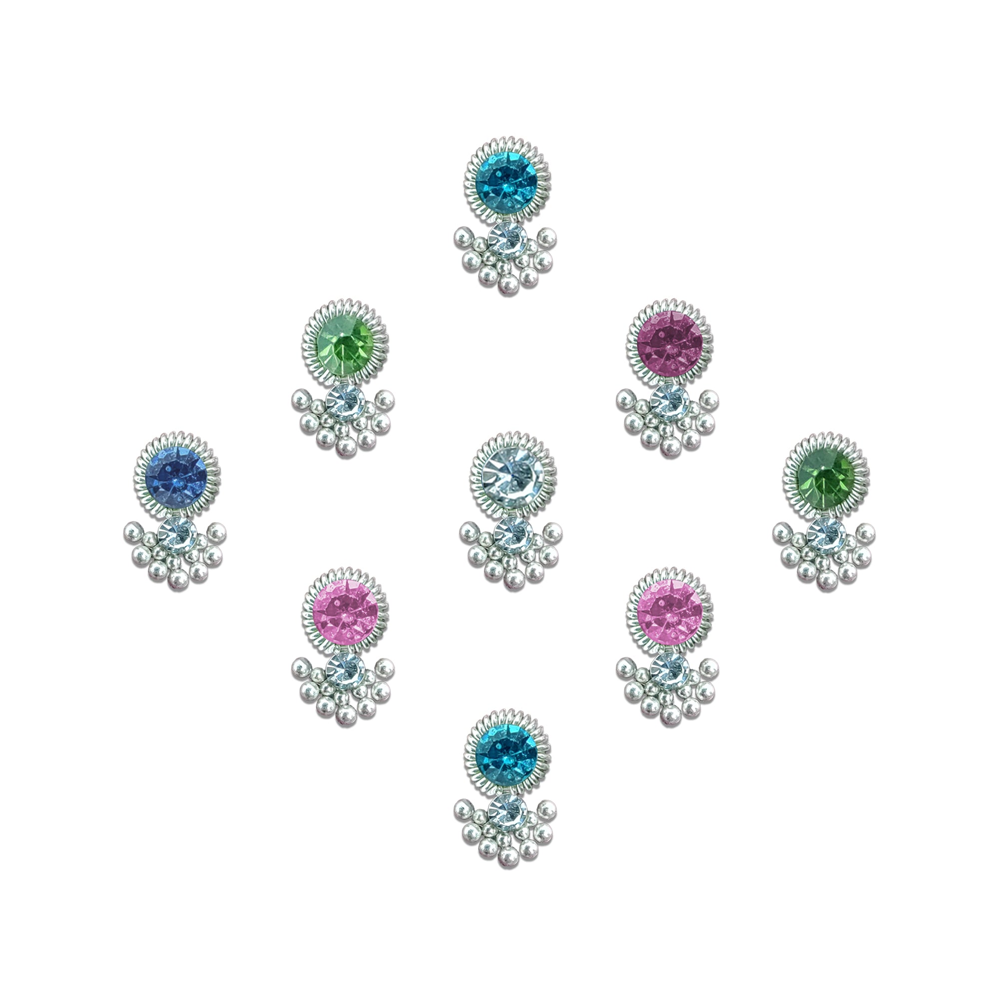 Multicolor crystal designer bindi with silver bead detailing and dangling pearl-style accents, elegant stick-on forehead accessory for bridal and festive wear.